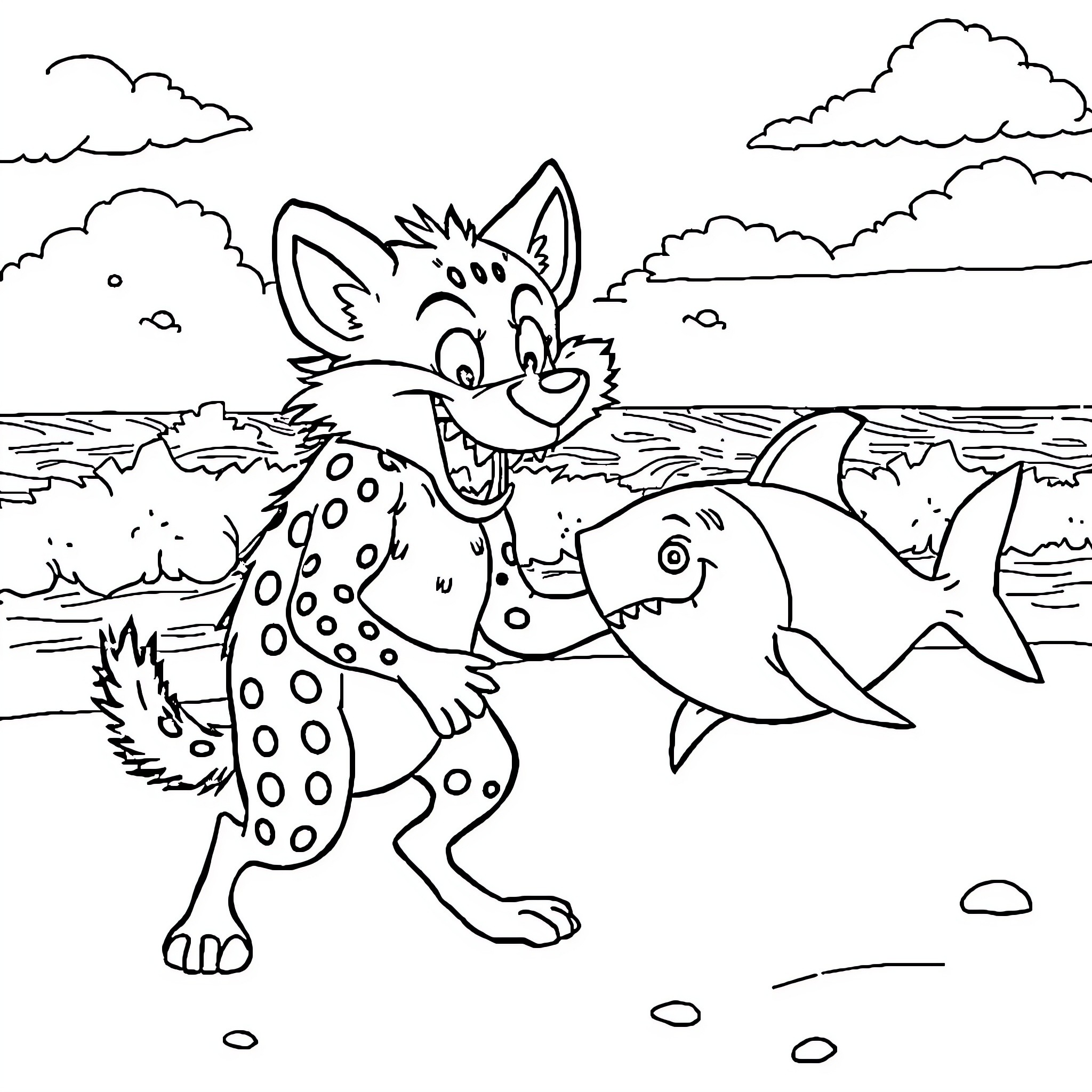 Zig and Sharko chase adventure at the beach Coloring Page (free black-and-white line drawing printable PDF for all, from beginners to advanced learners, including children, teens, adults, and seniors)