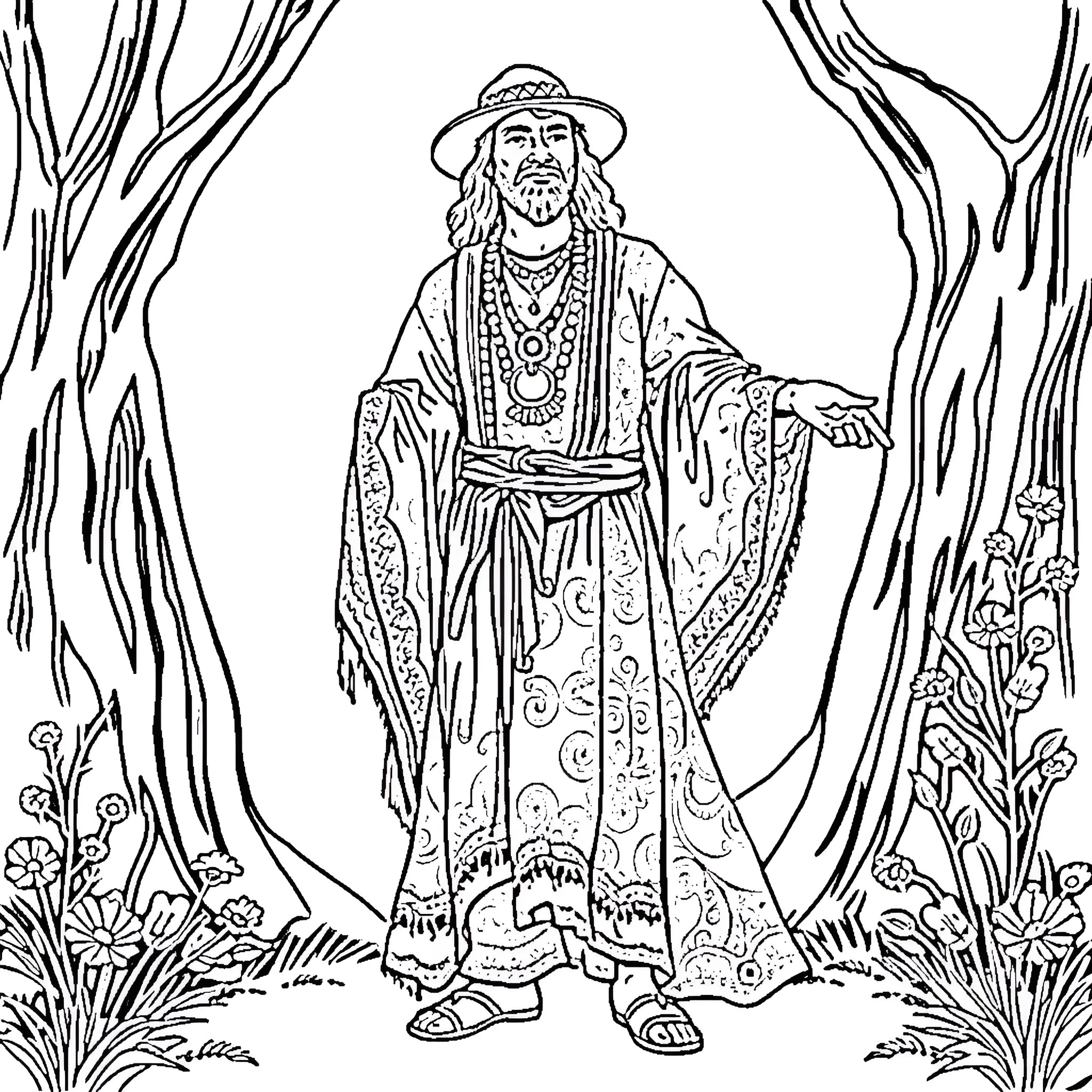Andy Alexander's Mystical Encounter in the Enchanted Forest Coloring Page (free black-and-white line drawing printable PDF for all, from beginners to advanced learners, including children, teens, adults, and seniors)