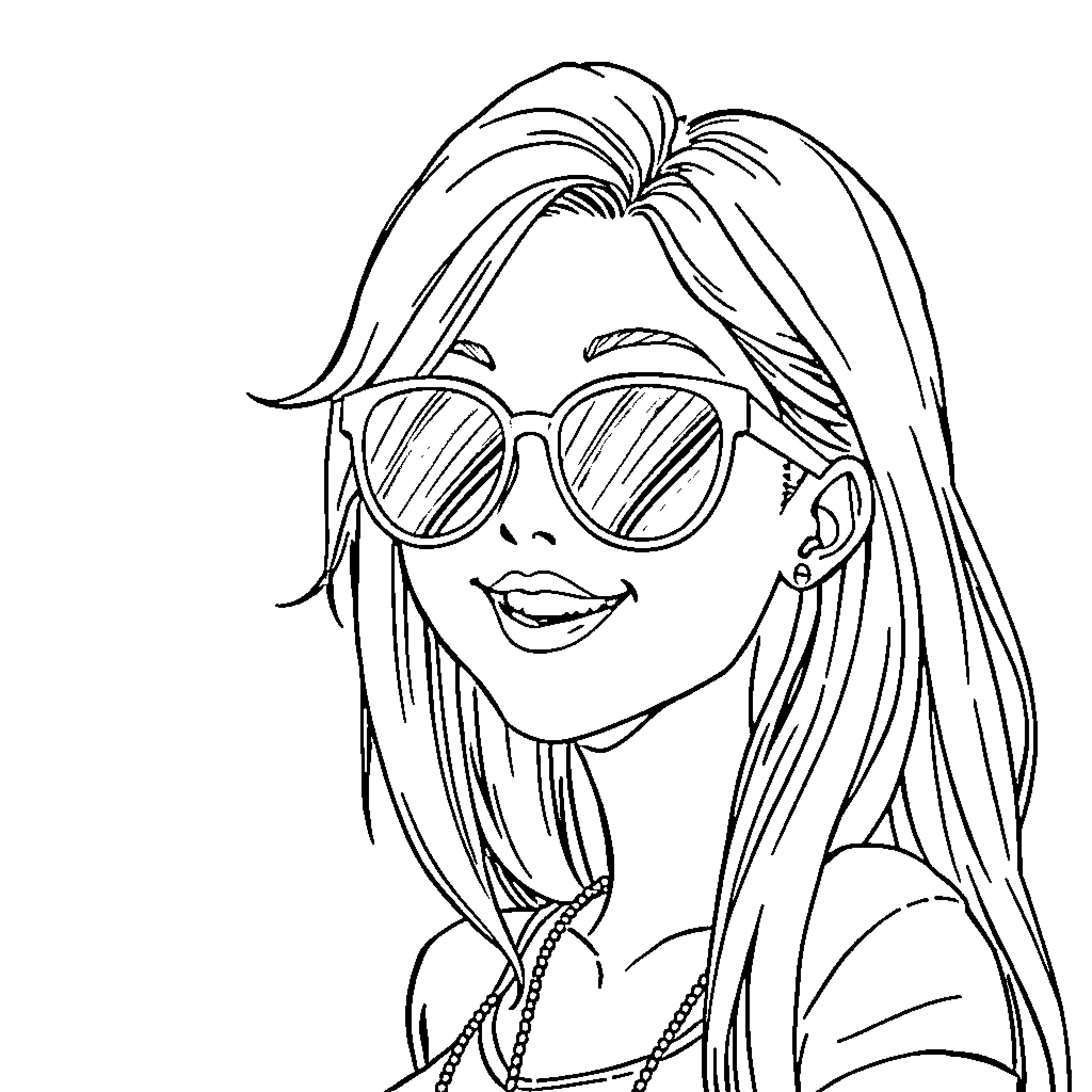 Anime Girl with Fashionable Sunglasses and Cheerful Expression Coloring Page (free black-and-white line drawing printable PDF for all, from beginners to advanced learners, including children, teens, adults, and seniors)