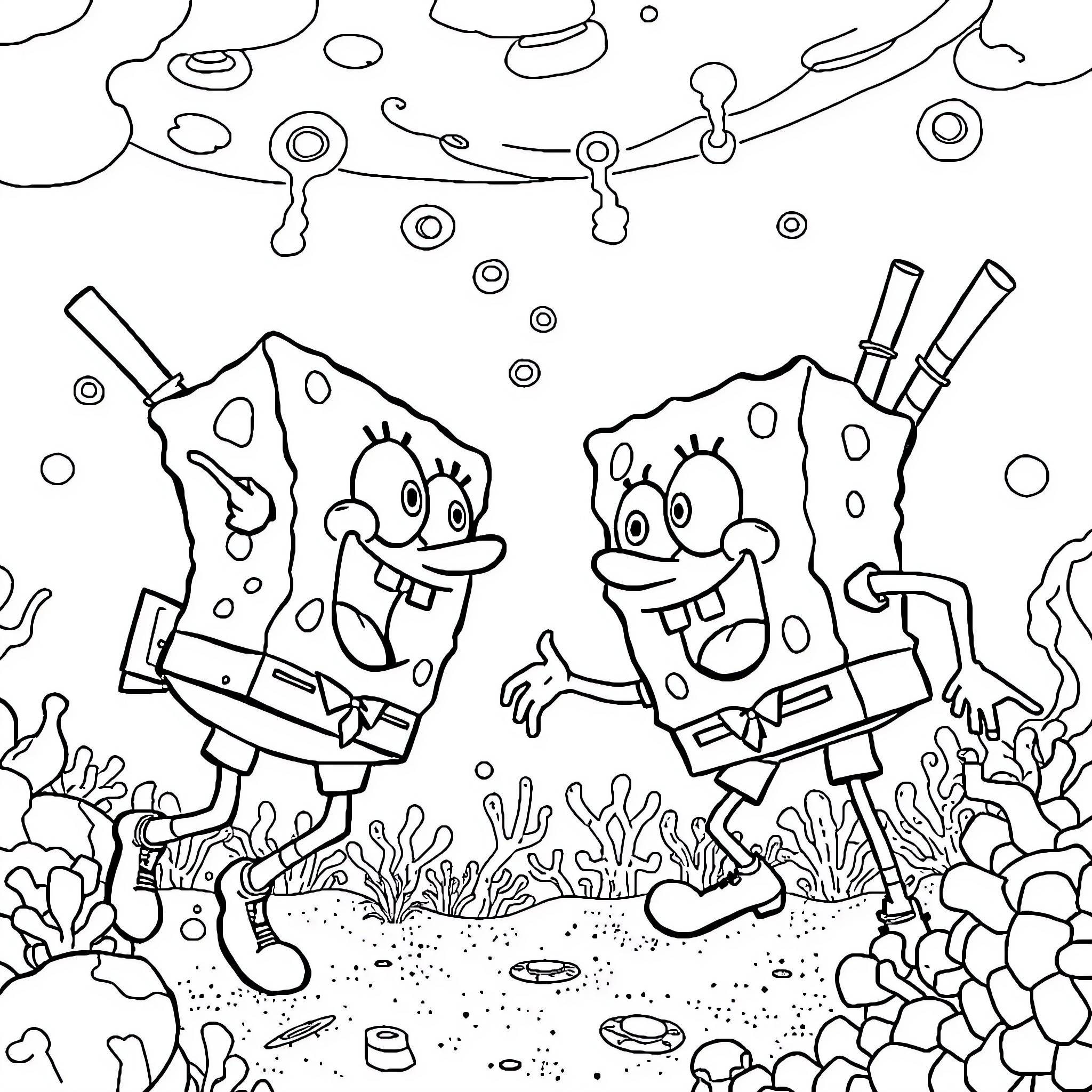 Spongebob and Patrick in an underwater adventure Coloring Page (free black-and-white line drawing printable PDF for all, from beginners to advanced learners, including children, teens, adults, and seniors)