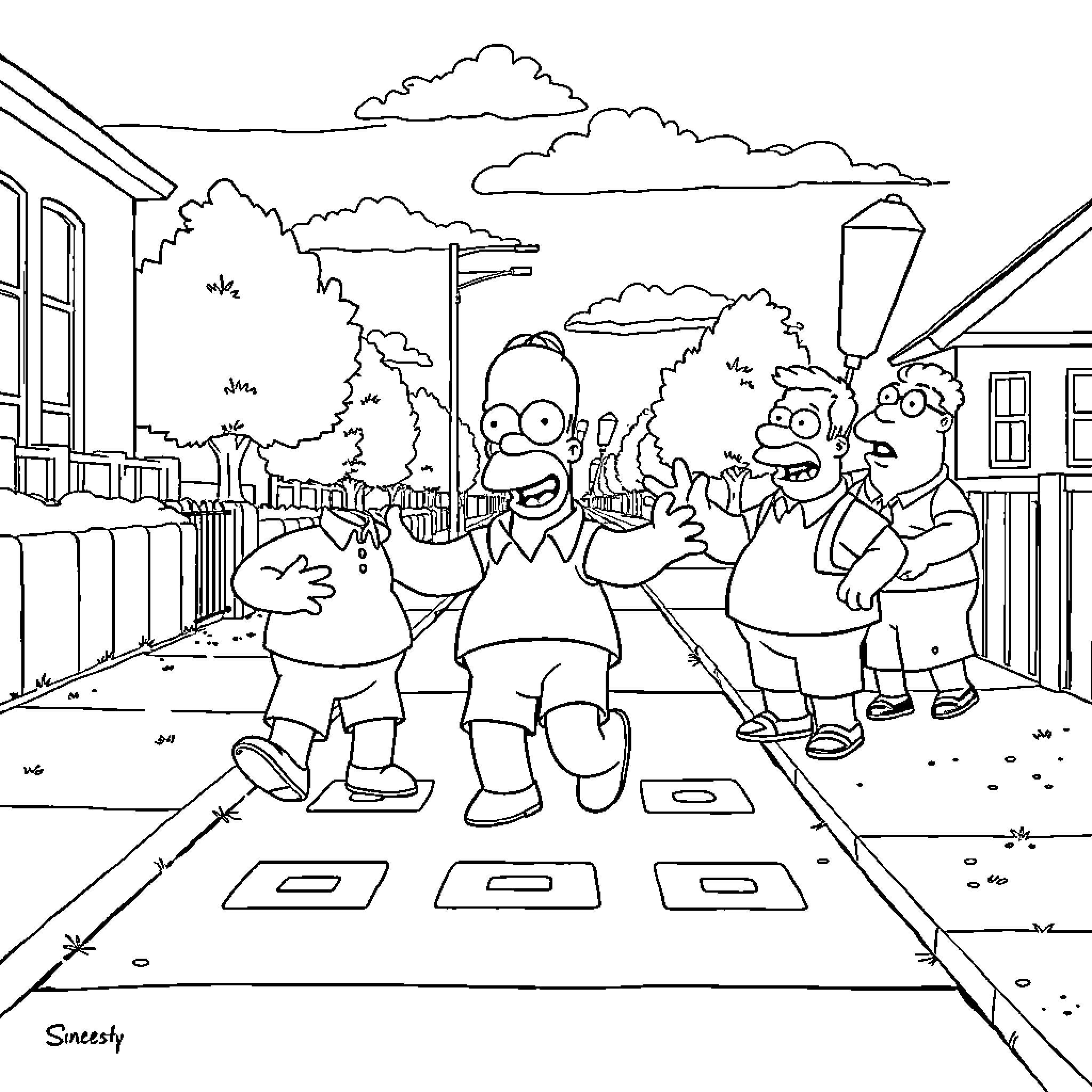 Homer Simpson and family in a chaotic neighborhood scene Coloring Page (free black-and-white line drawing printable PDF for all, from beginners to advanced learners, including children, teens, adults, and seniors)