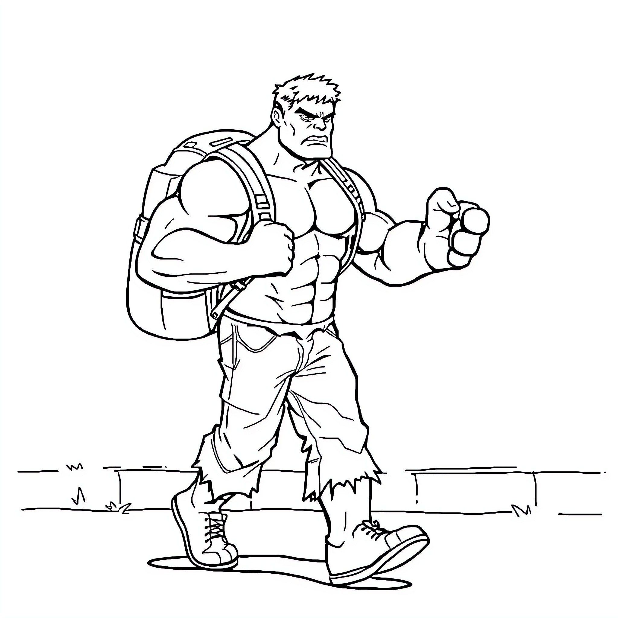 Hulk on the move with backpack and determination Coloring Page (free black-and-white line drawing printable PDF for all, from beginners to advanced learners, including children, teens, adults, and seniors)