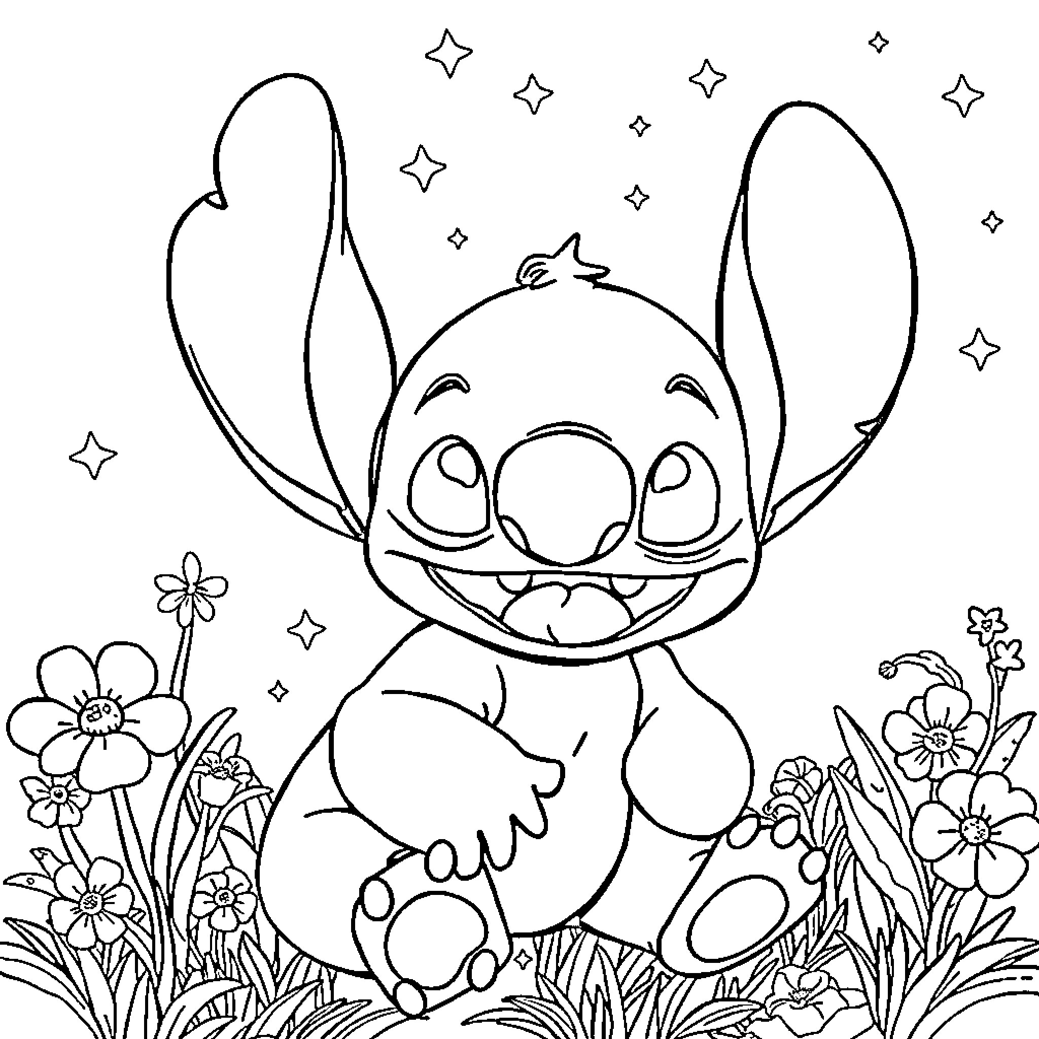 Stitch's Magical Meadow Adventure Coloring Page (free black-and-white line drawing printable PDF for all, from beginners to advanced learners, including children, teens, adults, and seniors)