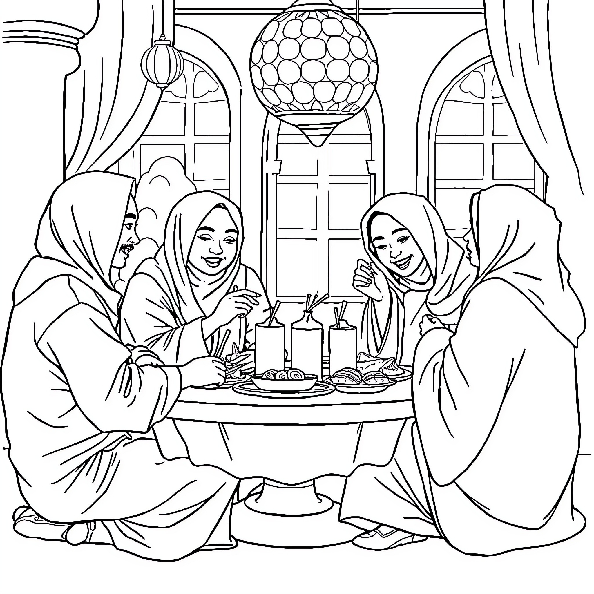 Tung Women Sharing Meal and Conversation in Traditional Setting Coloring Page (free black-and-white line drawing printable PDF for all, from beginners to advanced learners, including children, teens, adults, and seniors)