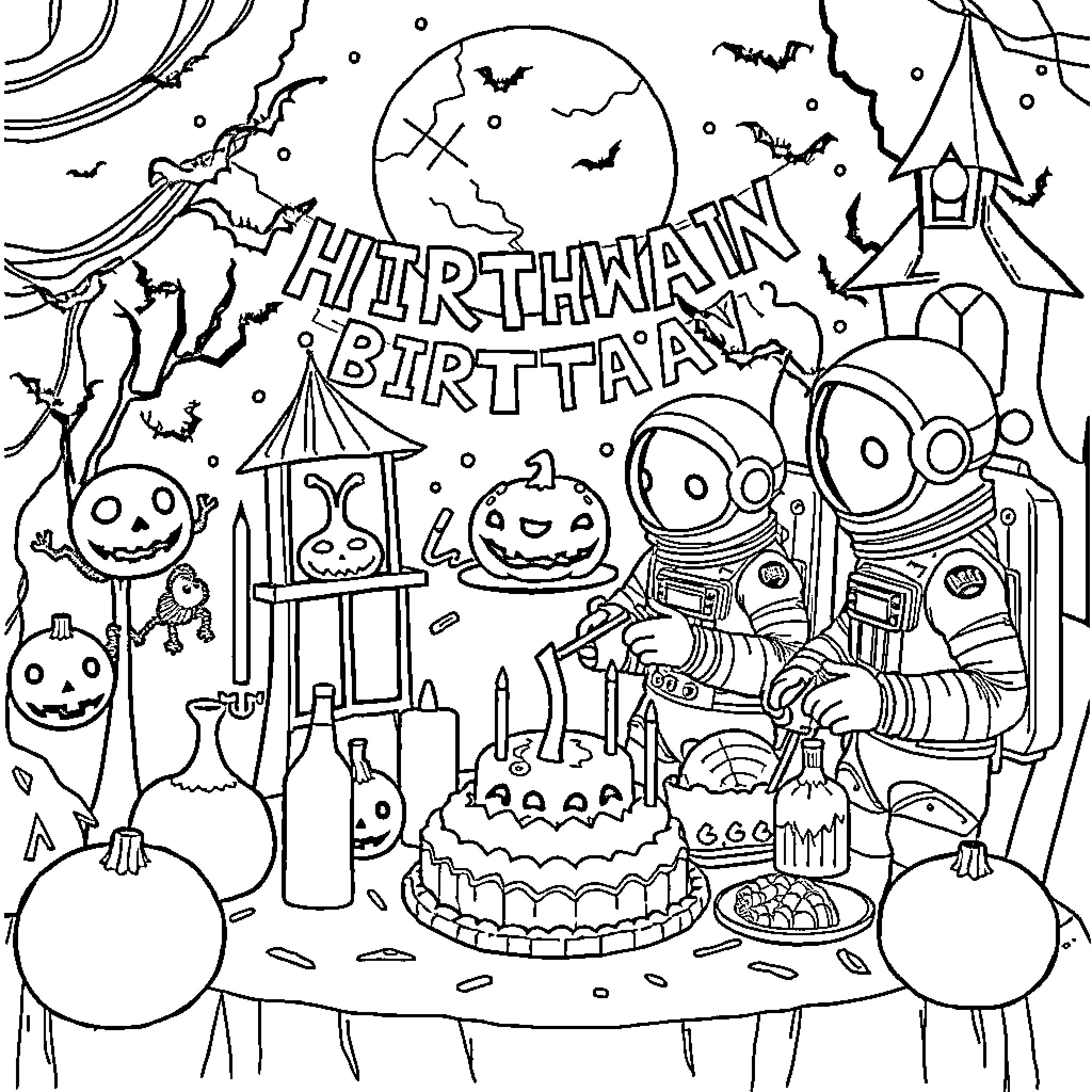 Astronaut celebrates Halloween birthday party Coloring Page (free black-and-white line drawing printable PDF for all, from beginners to advanced learners, including children, teens, adults, and seniors)