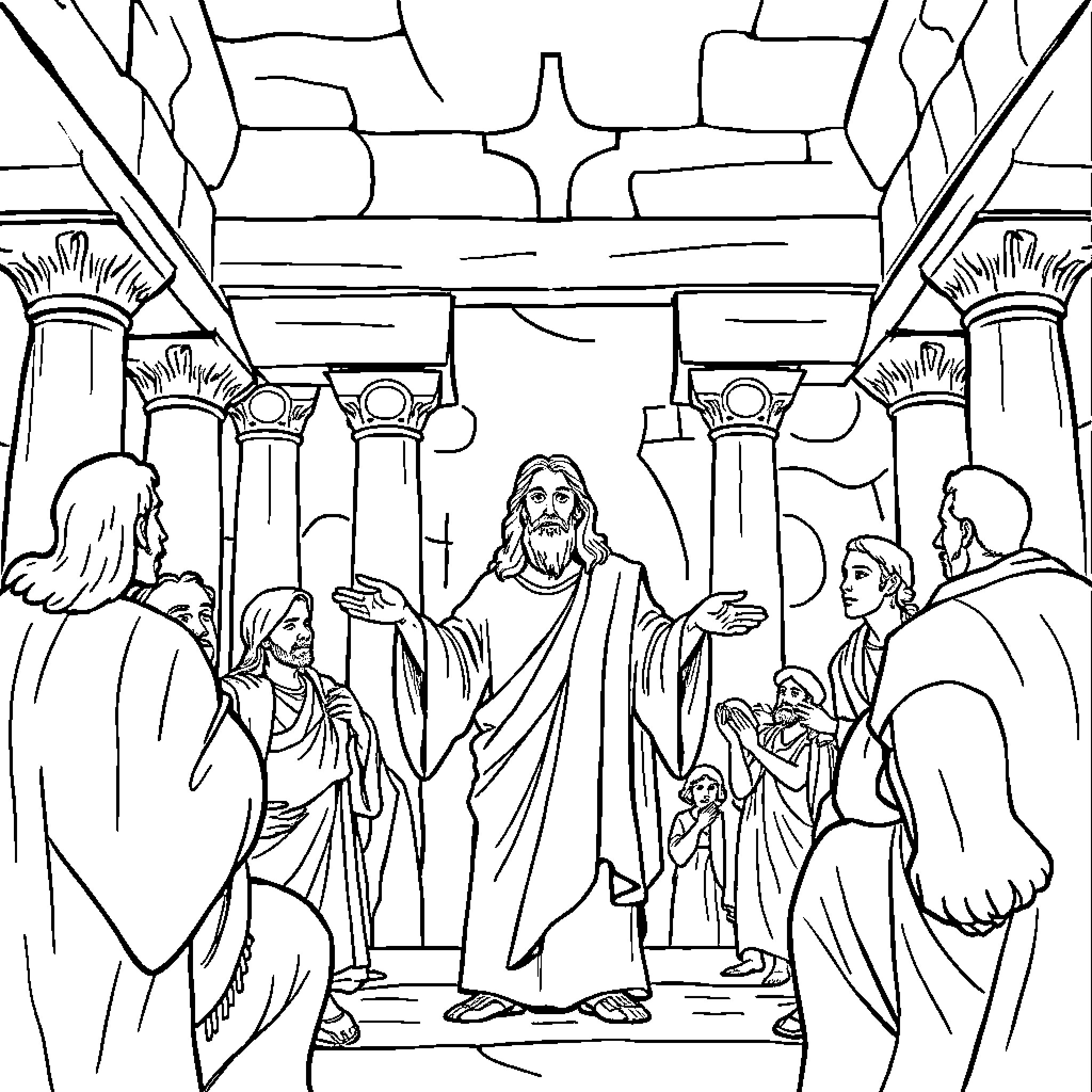 Jesus teaching in the temple Coloring Page (free black-and-white line drawing printable PDF for all, from beginners to advanced learners, including children, teens, adults, and seniors)