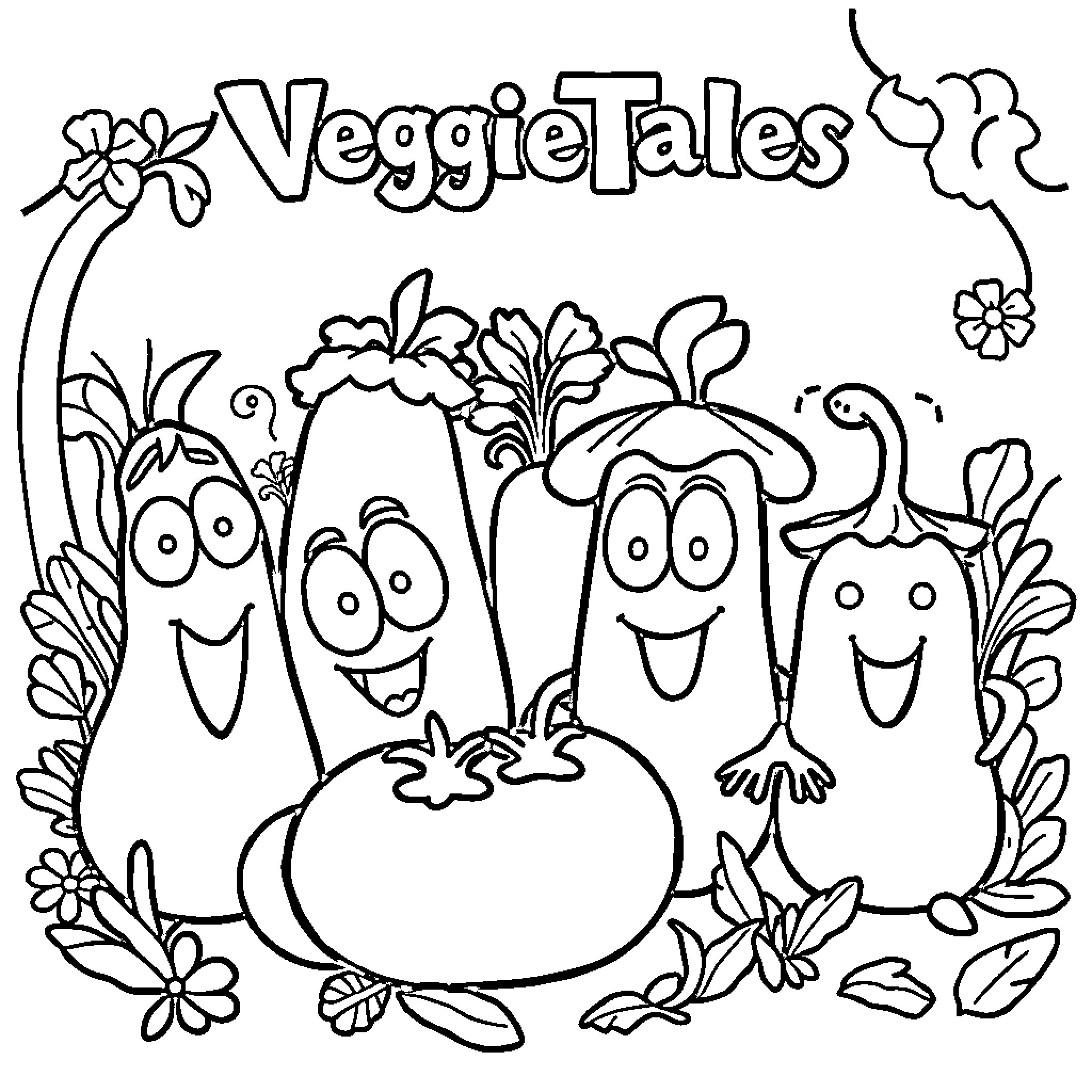 Veggie Tales characters in a whimsical garden scene Coloring Page (free black-and-white line drawing printable PDF for all, from beginners to advanced learners, including children, teens, adults, and seniors)