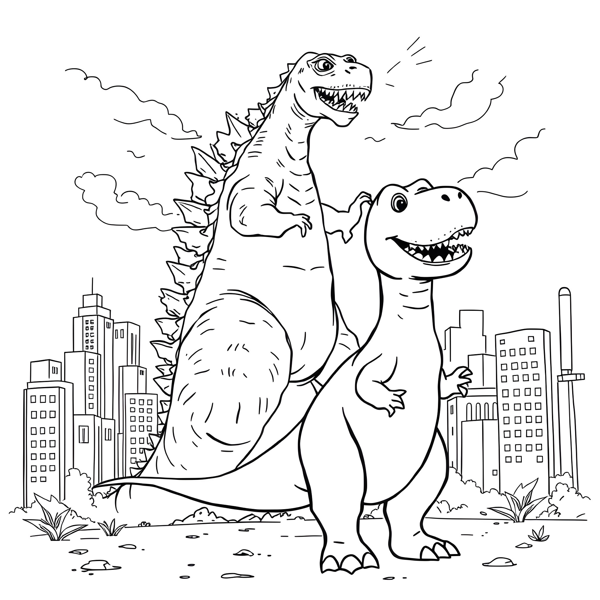 Barney's Dino-mite Adventure in the City Coloring Page (free black-and-white line drawing printable PDF for all, from beginners to advanced learners, including children, teens, adults, and seniors)