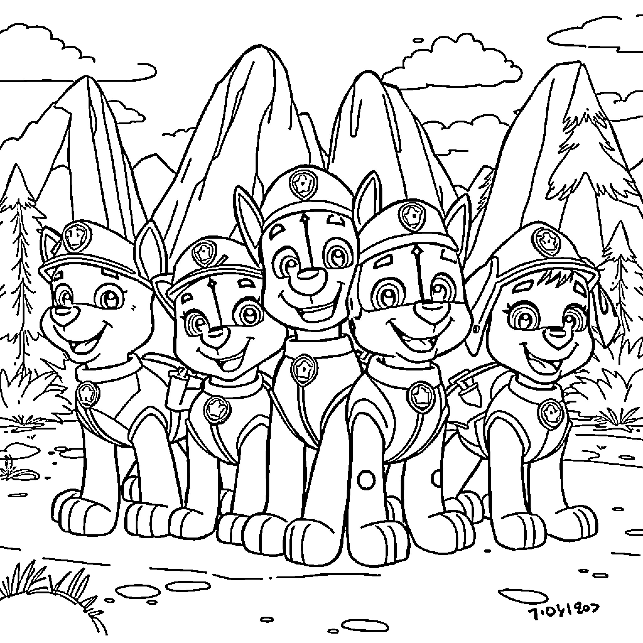 Paw Patrol team in the snowy mountains Coloring Page (free black-and-white line drawing printable PDF for all, from beginners to advanced learners, including children, teens, adults, and seniors)