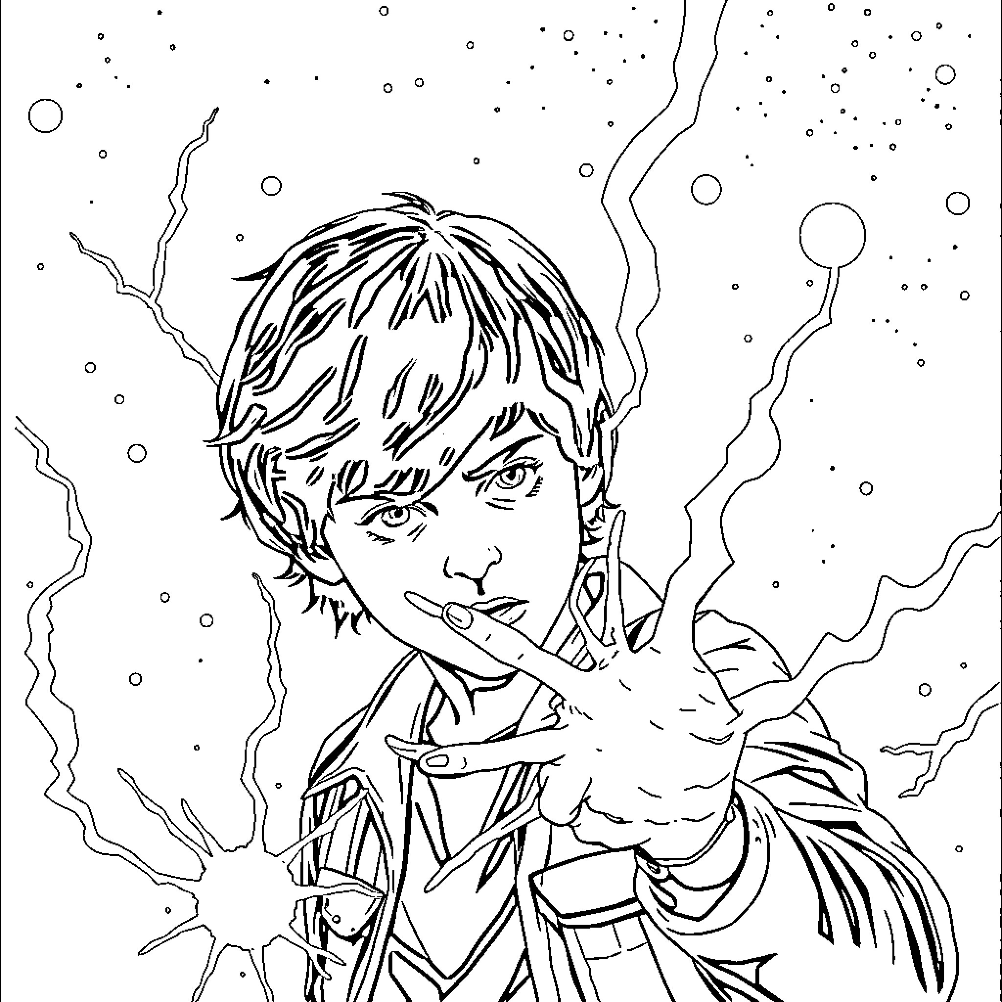 Will Byers in a mystical, otherworldly scene Coloring Page (free black-and-white line drawing printable PDF for all, from beginners to advanced learners, including children, teens, adults, and seniors)