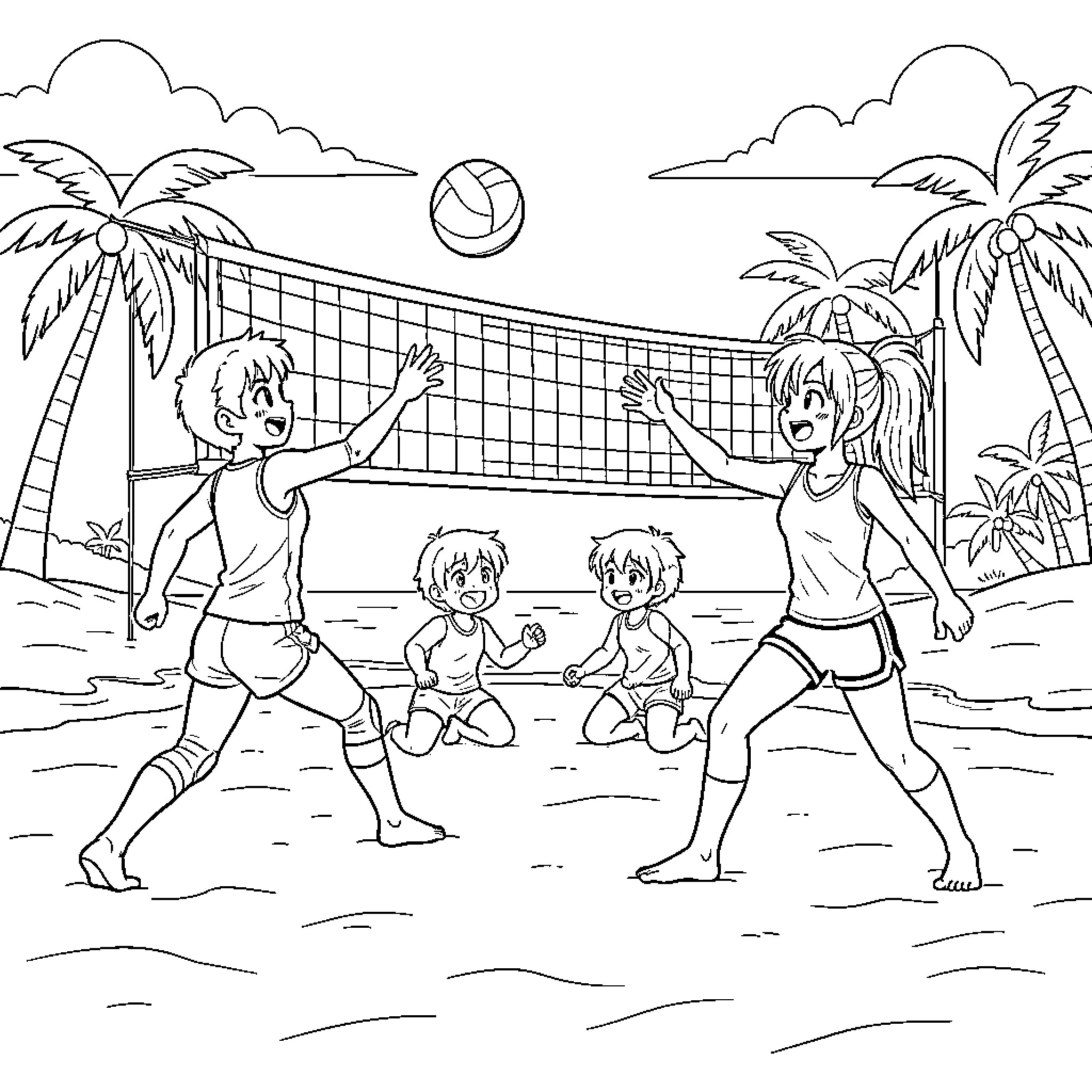Anime characters playing volleyball on a sunny beach Coloring Page (free black-and-white line drawing printable PDF for all, from beginners to advanced learners, including children, teens, adults, and seniors)