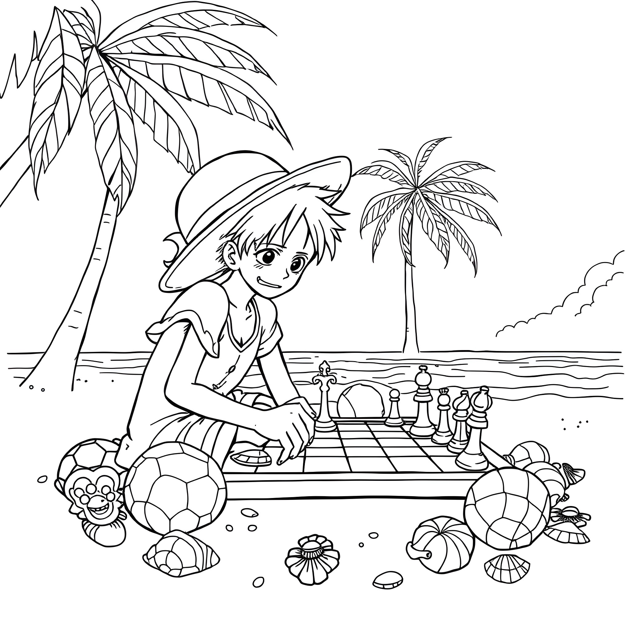 One Piece Character playing chess on the beach Coloring Page (free black-and-white line drawing printable PDF for all, from beginners to advanced learners, including children, teens, adults, and seniors)