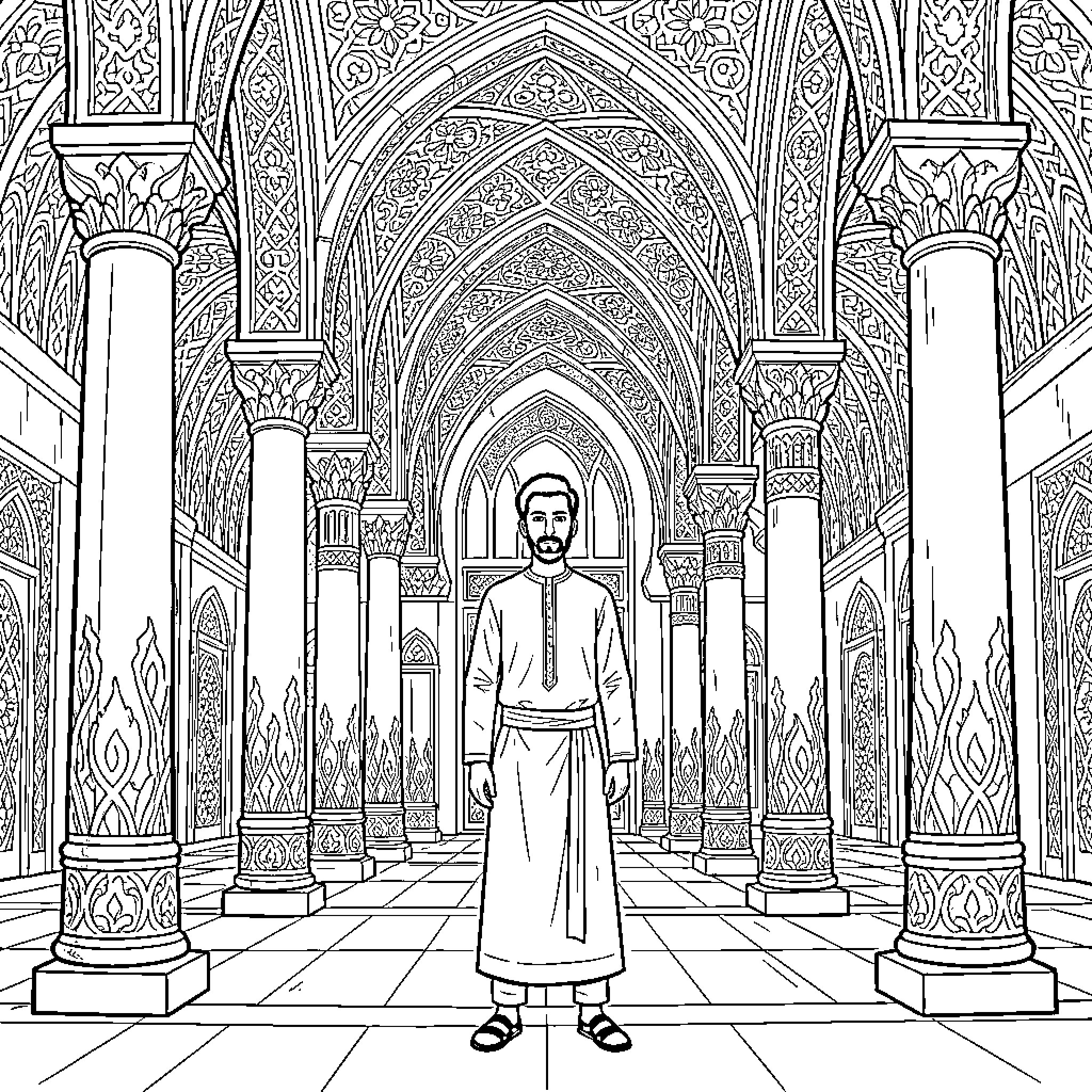 Hakimi standing calmly in an ornate palace hallway Coloring Page (free black-and-white line drawing printable PDF for all, from beginners to advanced learners, including children, teens, adults, and seniors)