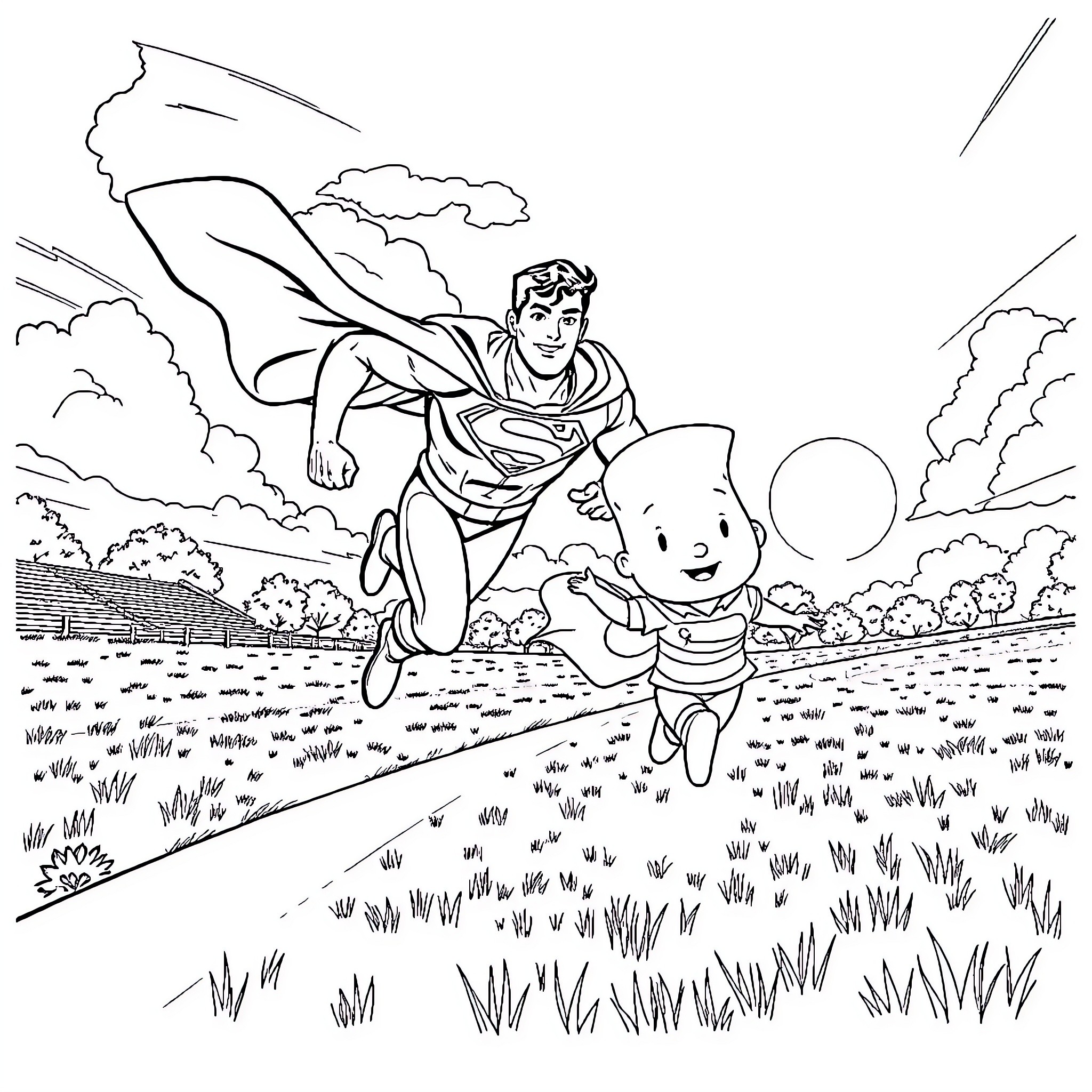 Superman flying and rescuing a child in the countryside Coloring Page (free black-and-white line drawing printable PDF for all, from beginners to advanced learners, including children, teens, adults, and seniors)