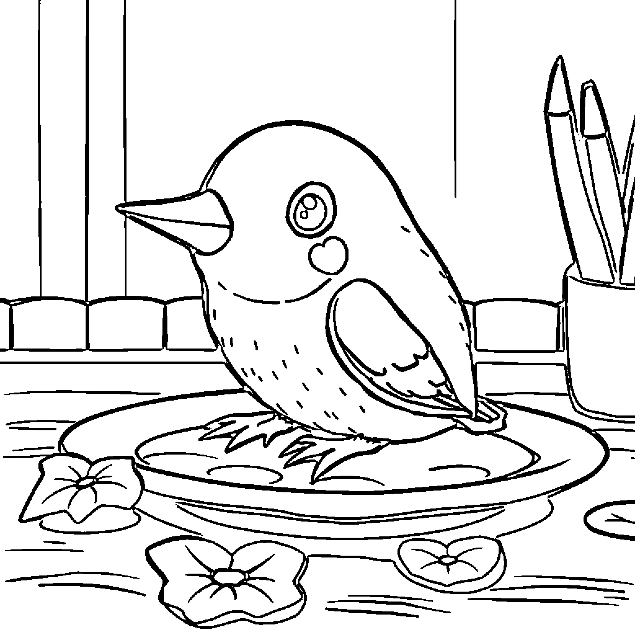 Pochaco bird swimming in flower pond Coloring Page (free black-and-white line drawing printable PDF for all, from beginners to advanced learners, including children, teens, adults, and seniors)