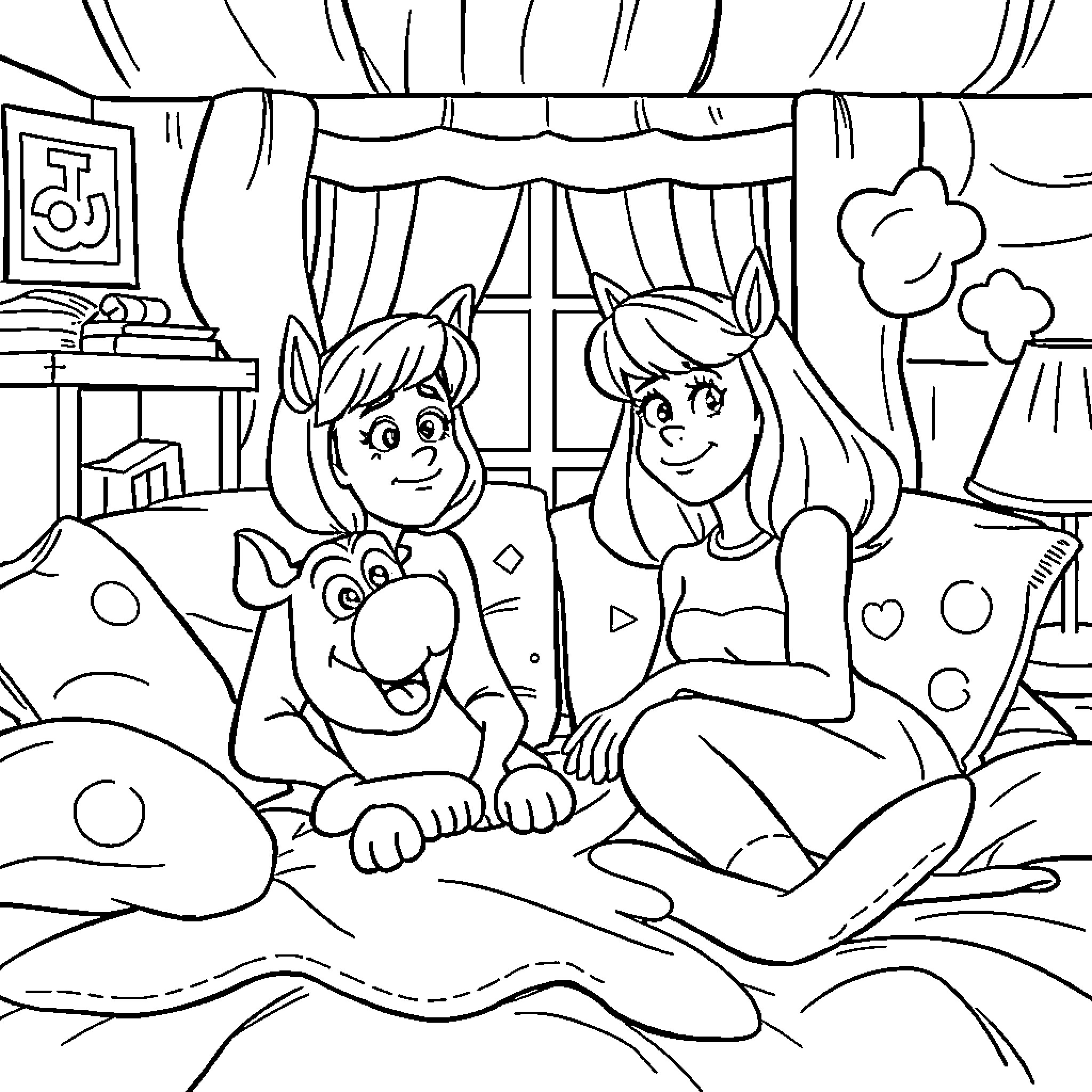 Daphne and Scooby-Doo Relaxing at Home Coloring Page (free black-and-white line drawing printable PDF for all, from beginners to advanced learners, including children, teens, adults, and seniors)