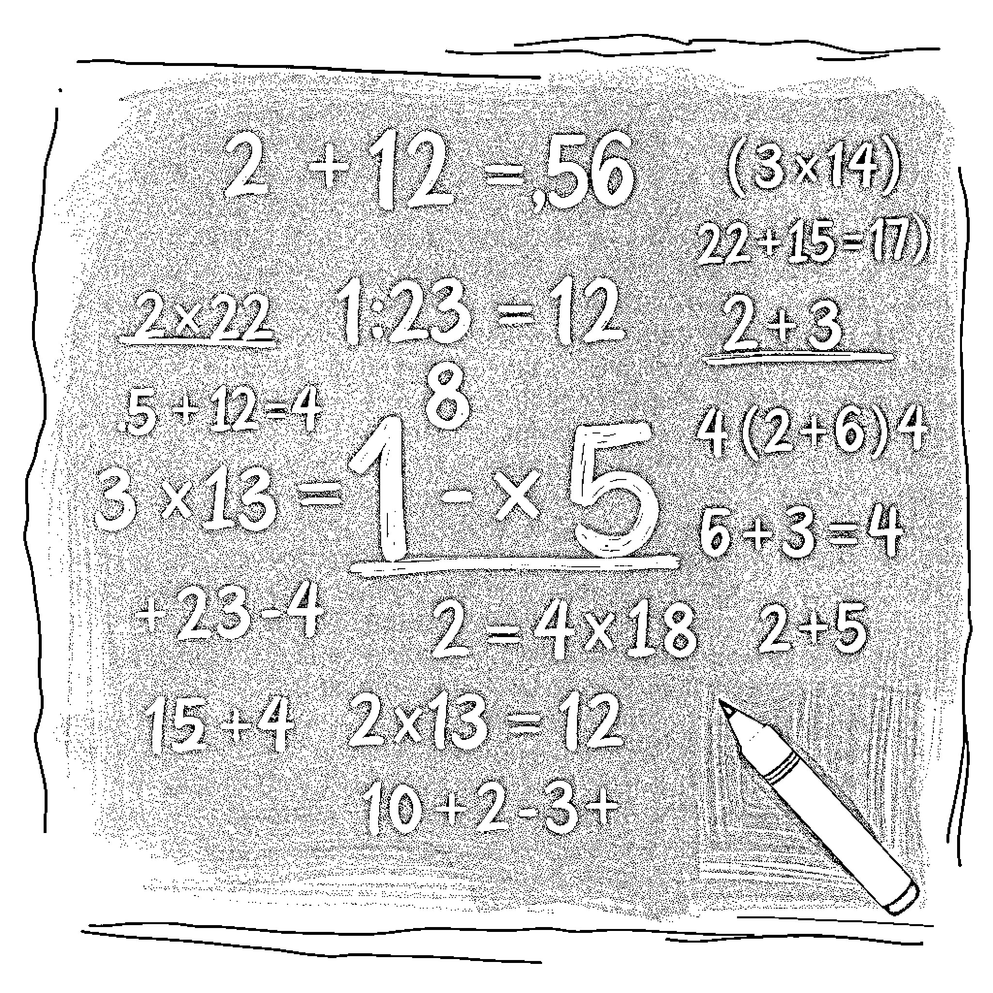 Math expressions and equations on paper Coloring Page (free black-and-white line drawing printable PDF for all, from beginners to advanced learners, including children, teens, adults, and seniors)