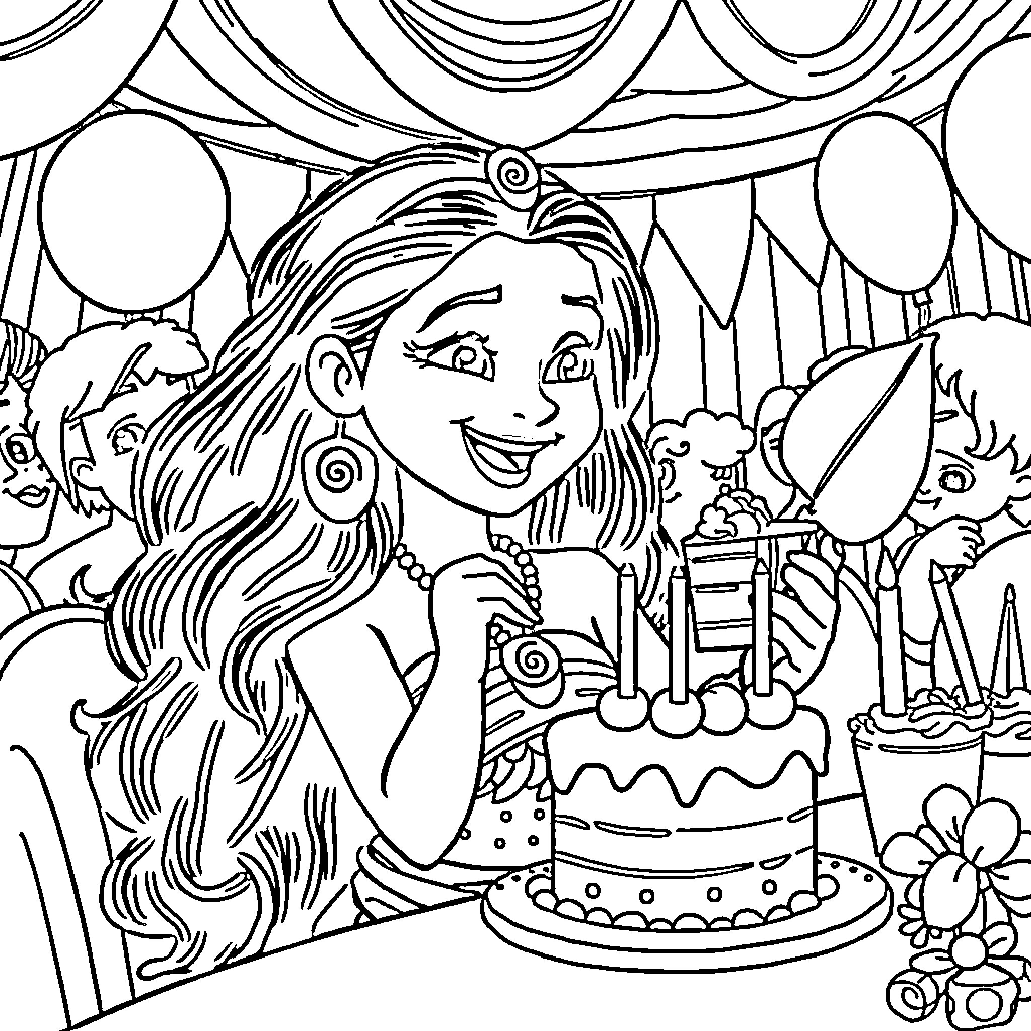 Moana celebrating her birthday party with joy Coloring Page (free black-and-white line drawing printable PDF for all, from beginners to advanced learners, including children, teens, adults, and seniors)
