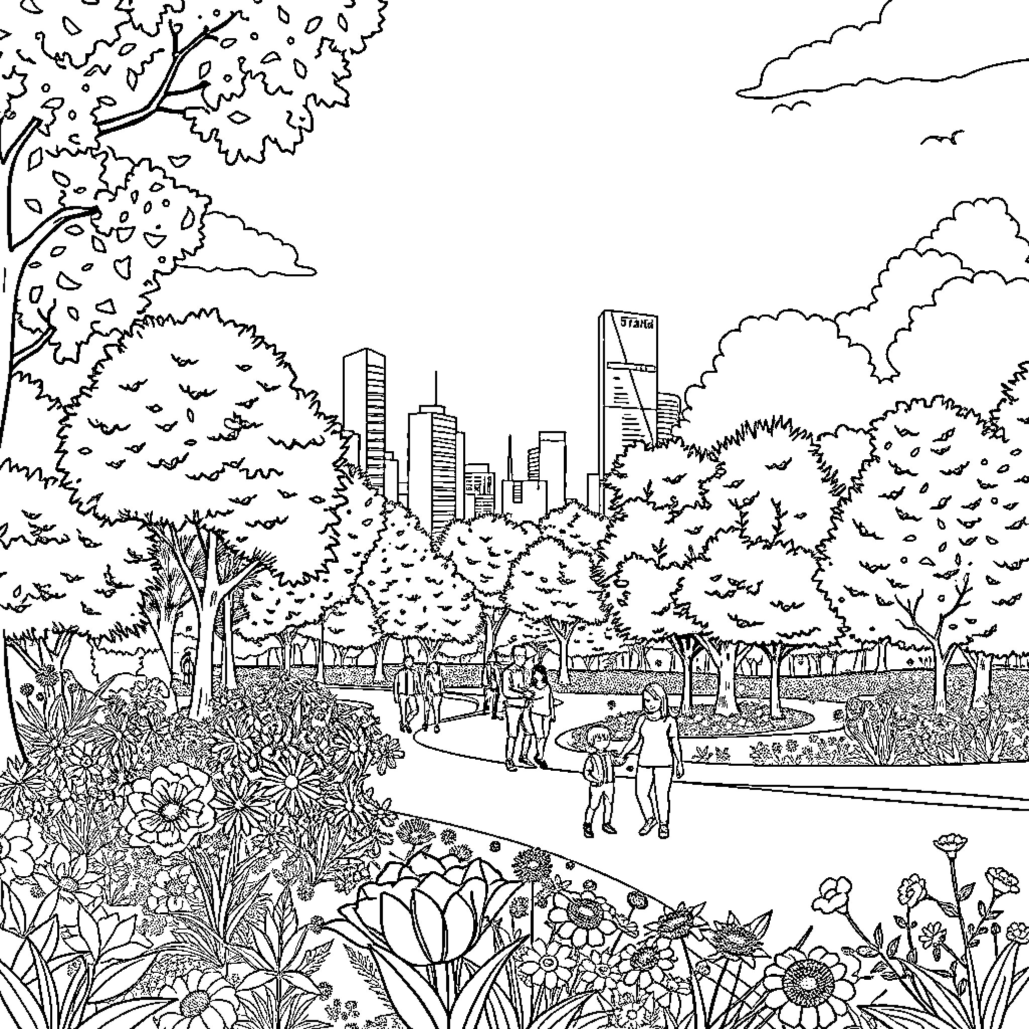 Park scene with bustling city skyline Coloring Page (free black-and-white line drawing printable PDF for all, from beginners to advanced learners, including children, teens, adults, and seniors)