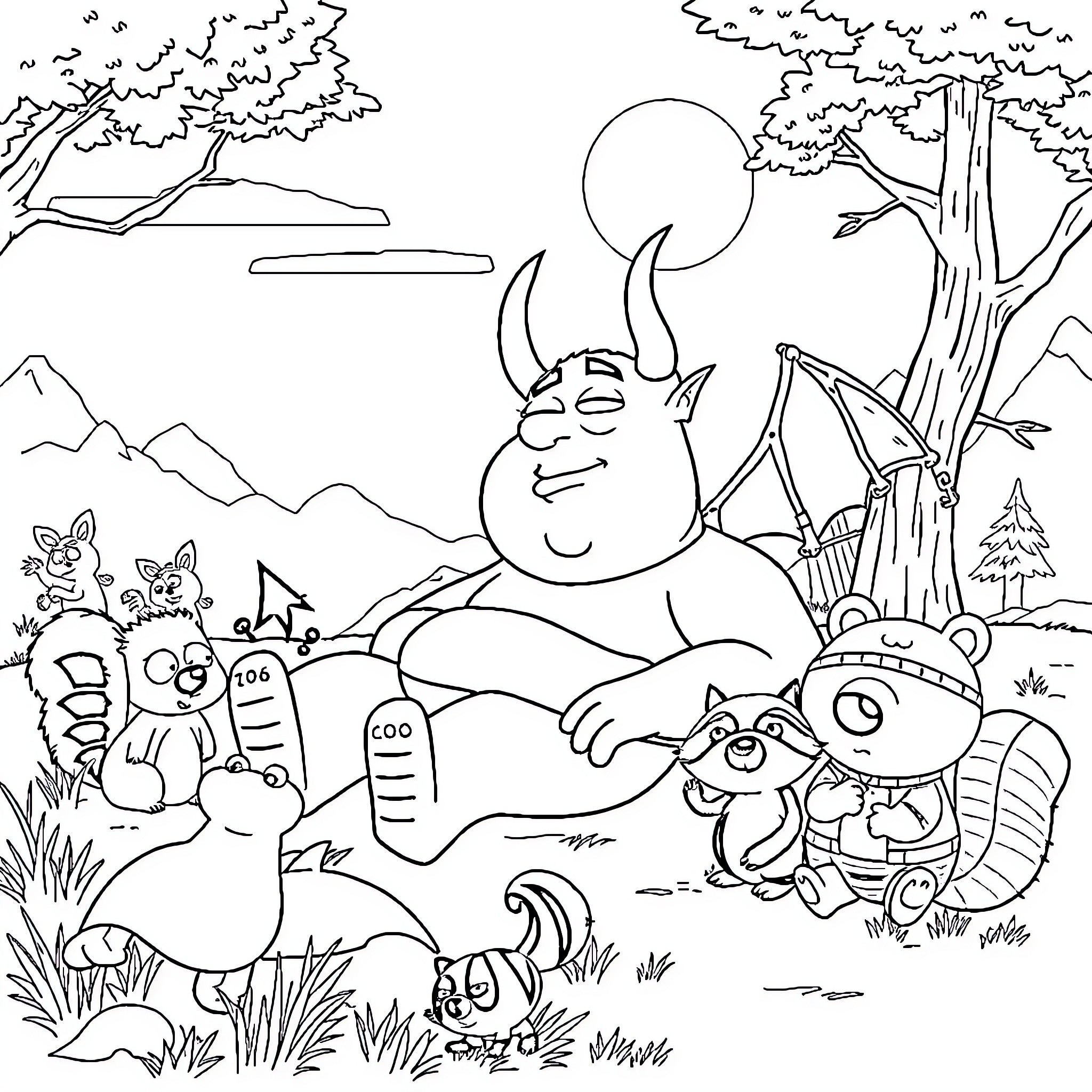 Devil's Mischievous Night in the Forest Coloring Page (free black-and-white line drawing printable PDF for all, from beginners to advanced learners, including children, teens, adults, and seniors)