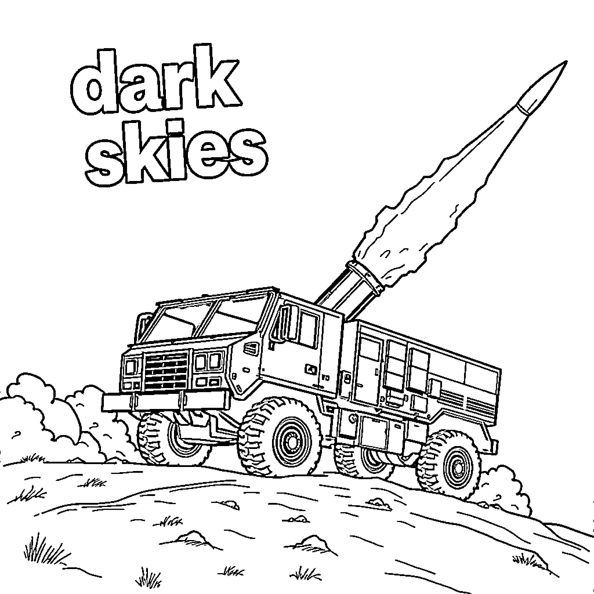 Himars military truck launching missile in dark skies Coloring Page (free black-and-white line drawing printable PDF for all, from beginners to advanced learners, including children, teens, adults, and seniors)