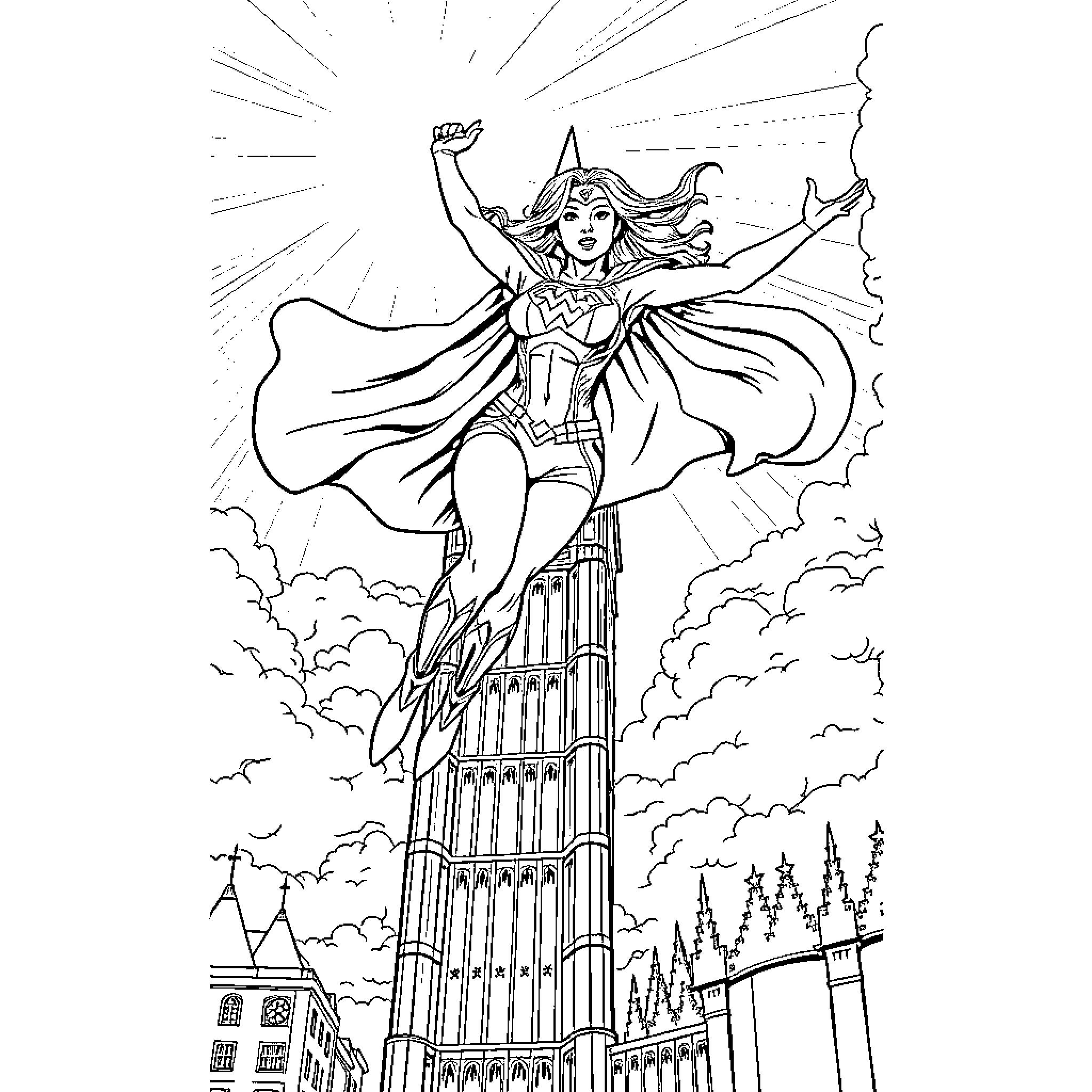 Superwoman's Heroic Stance Amidst the City Coloring Page (free black-and-white line drawing printable PDF for all, from beginners to advanced learners, including children, teens, adults, and seniors)