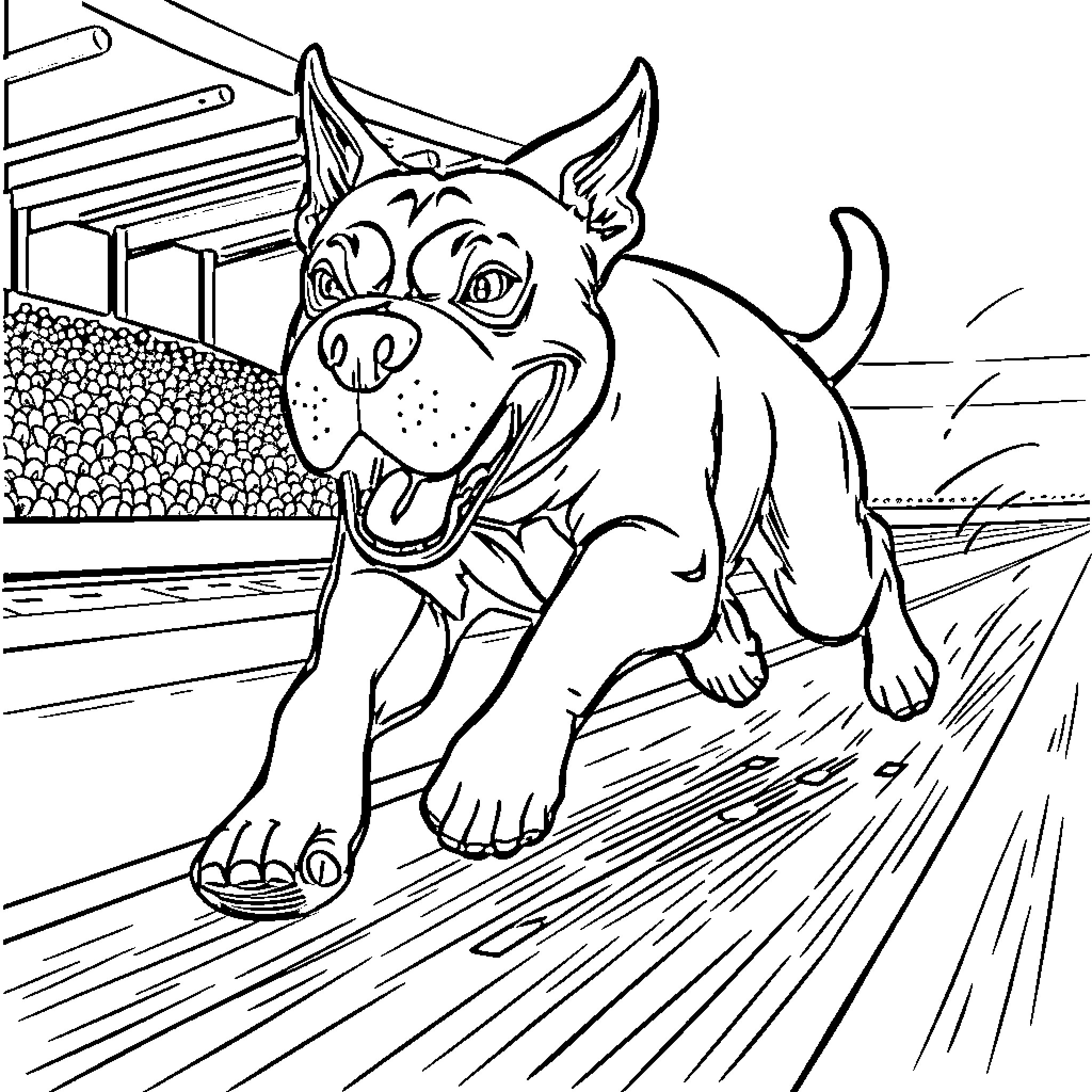 Staffy dog running happily outdoors Coloring Page (free black-and-white line drawing printable PDF for all, from beginners to advanced learners, including children, teens, adults, and seniors)