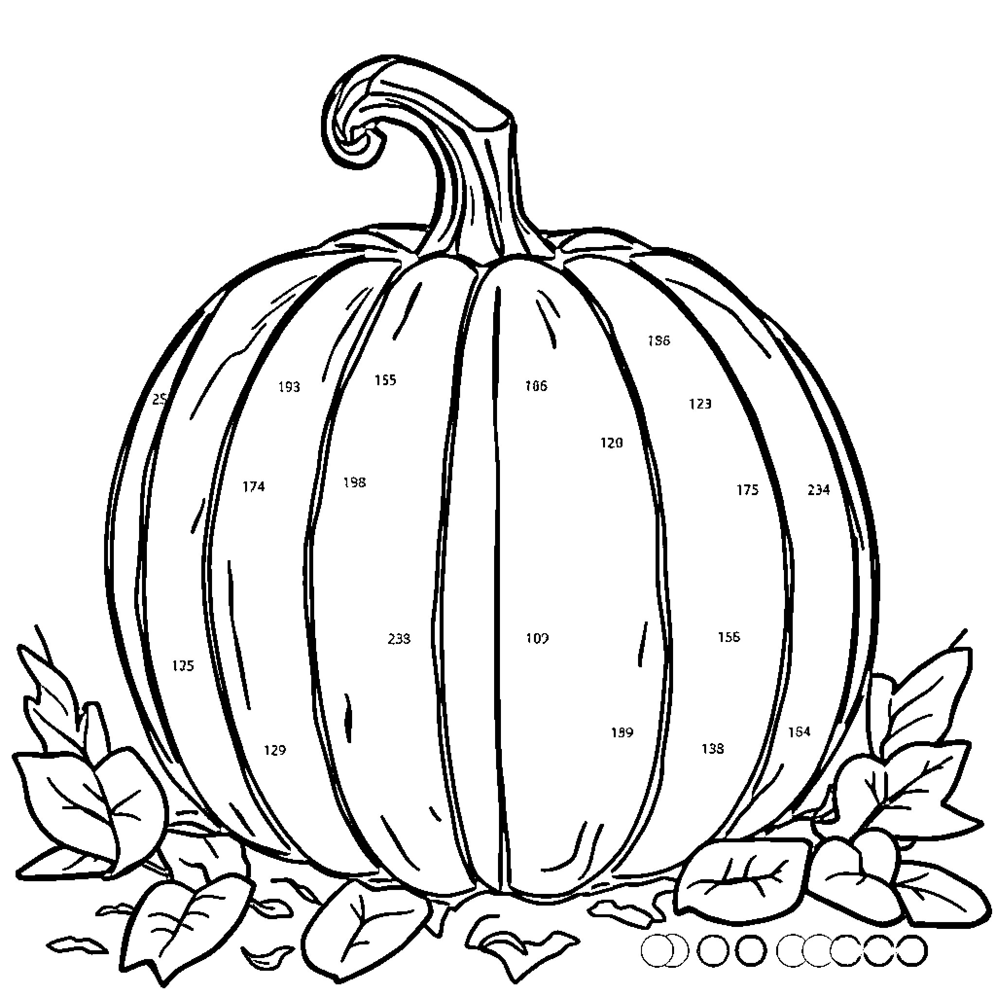 Pumpkin with numbered patterns and autumn leaves Coloring Page (free black-and-white line drawing printable PDF for all, from beginners to advanced learners, including children, teens, adults, and seniors)