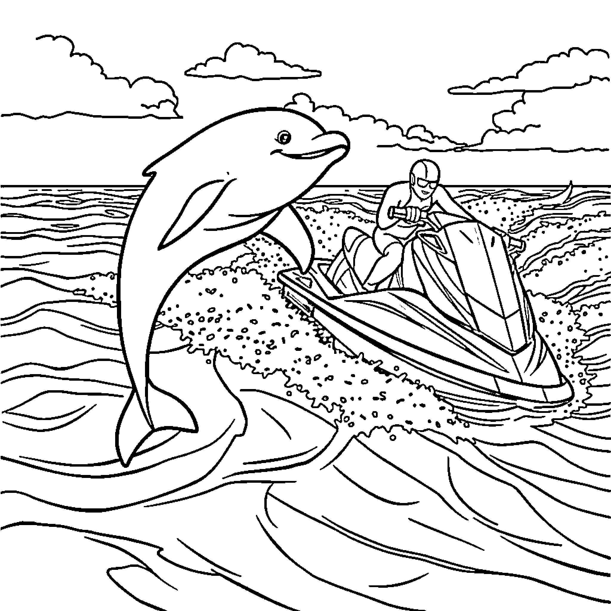 Dolphin swimming with person in boat on the ocean Coloring Page (free black-and-white line drawing printable PDF for all, from beginners to advanced learners, including children, teens, adults, and seniors)