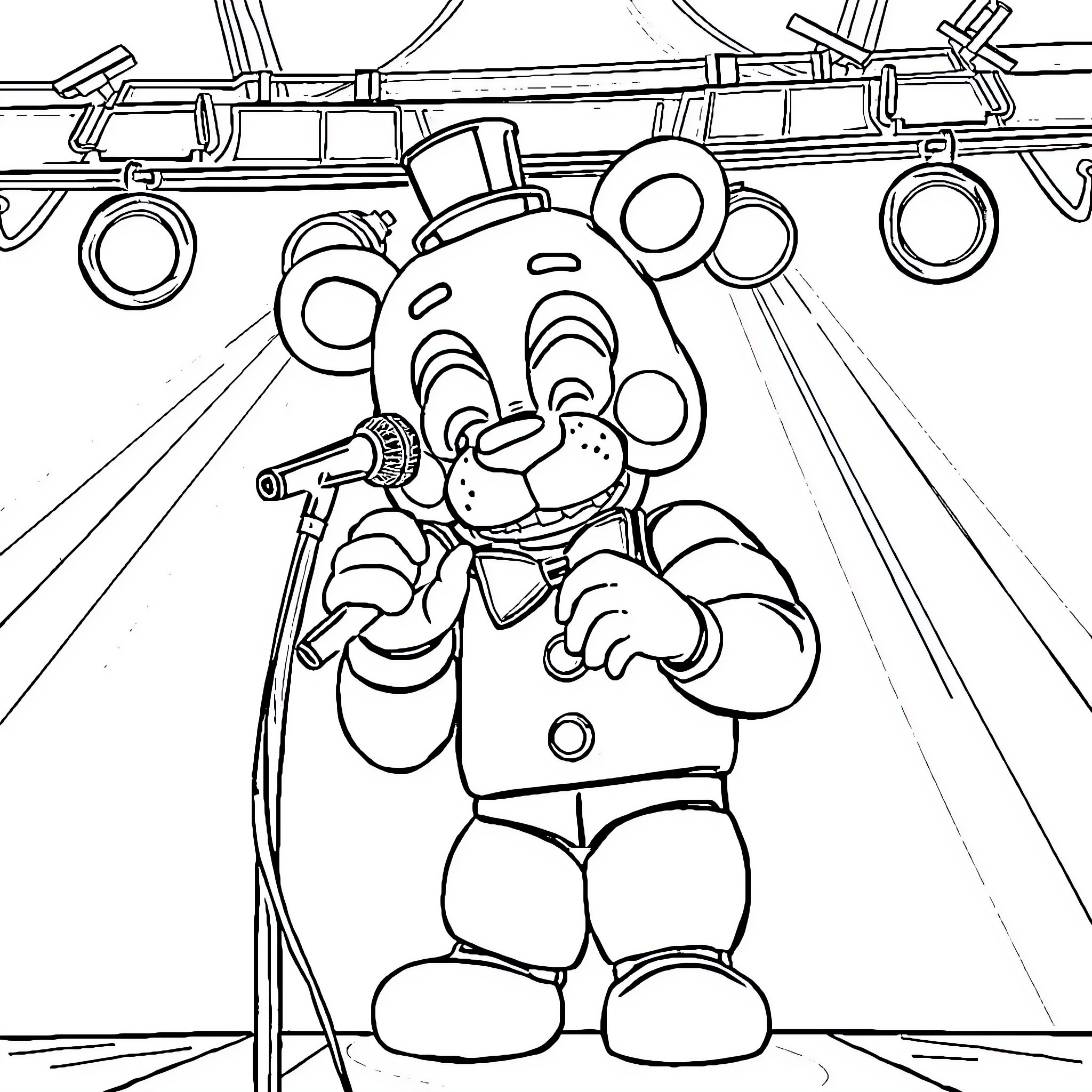 Freddy's Exciting Performance on Stage Coloring Page (free black-and-white line drawing printable PDF for all, from beginners to advanced learners, including children, teens, adults, and seniors)