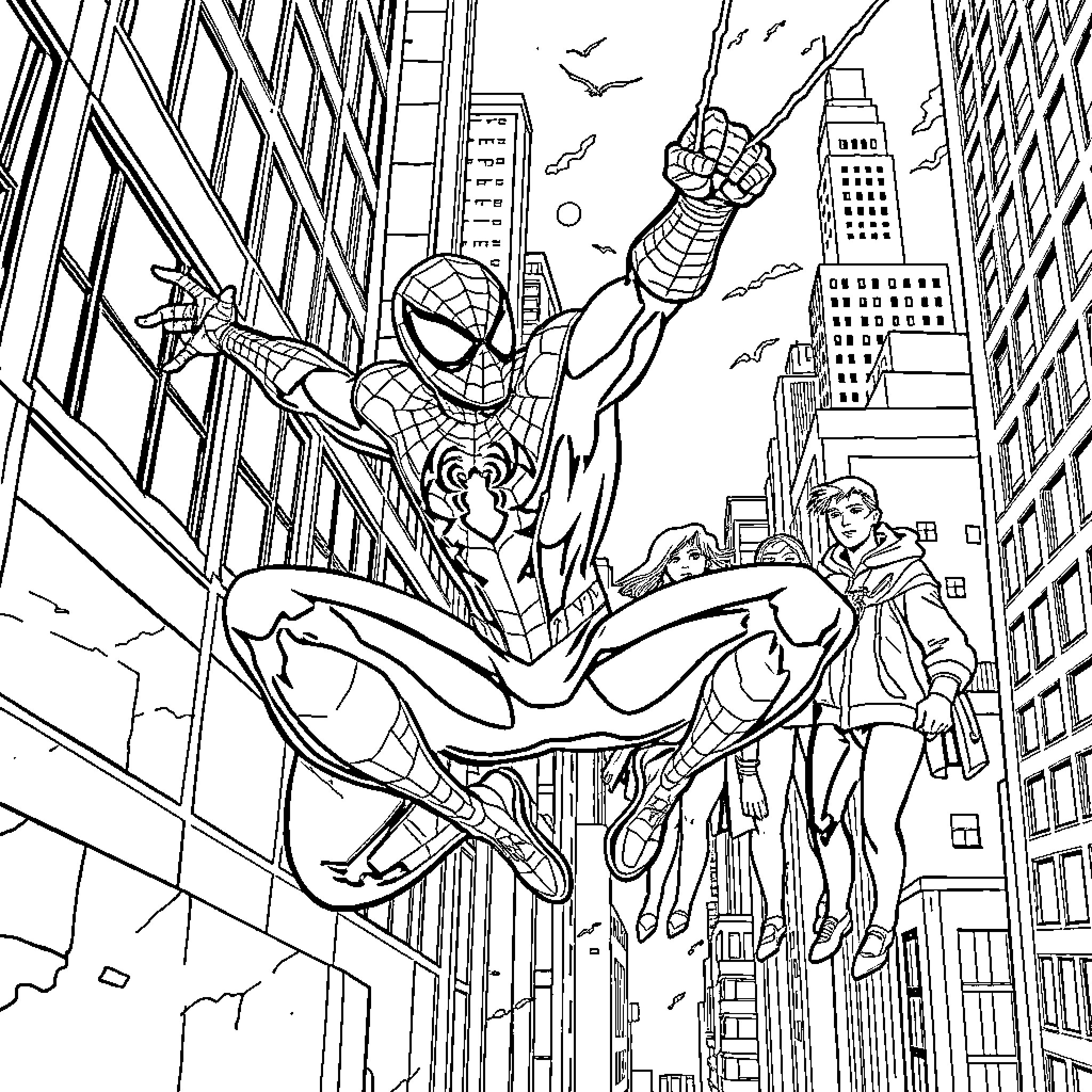 Spiderman swinging through the city streets Coloring Page (free black-and-white line drawing printable PDF for all, from beginners to advanced learners, including children, teens, adults, and seniors)