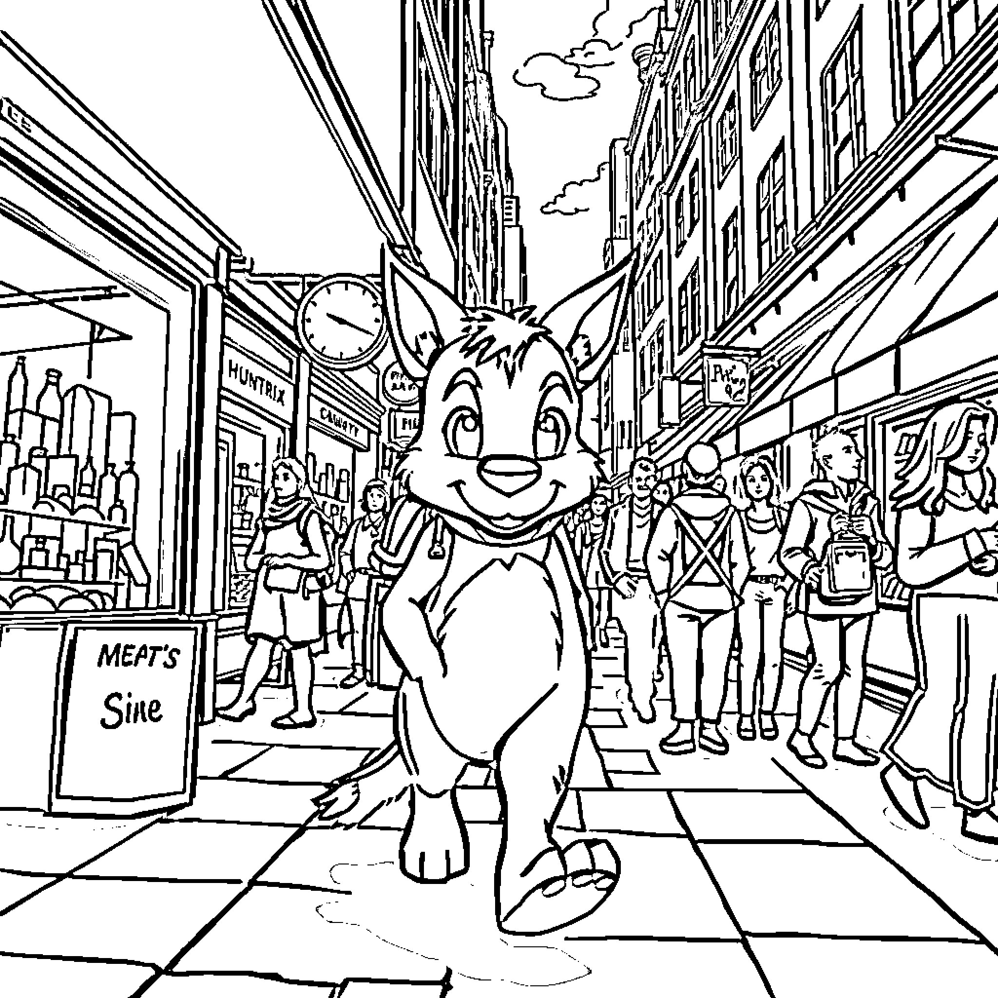Huntrix exploring bustling city streets Coloring Page (free black-and-white line drawing printable PDF for all, from beginners to advanced learners, including children, teens, adults, and seniors)