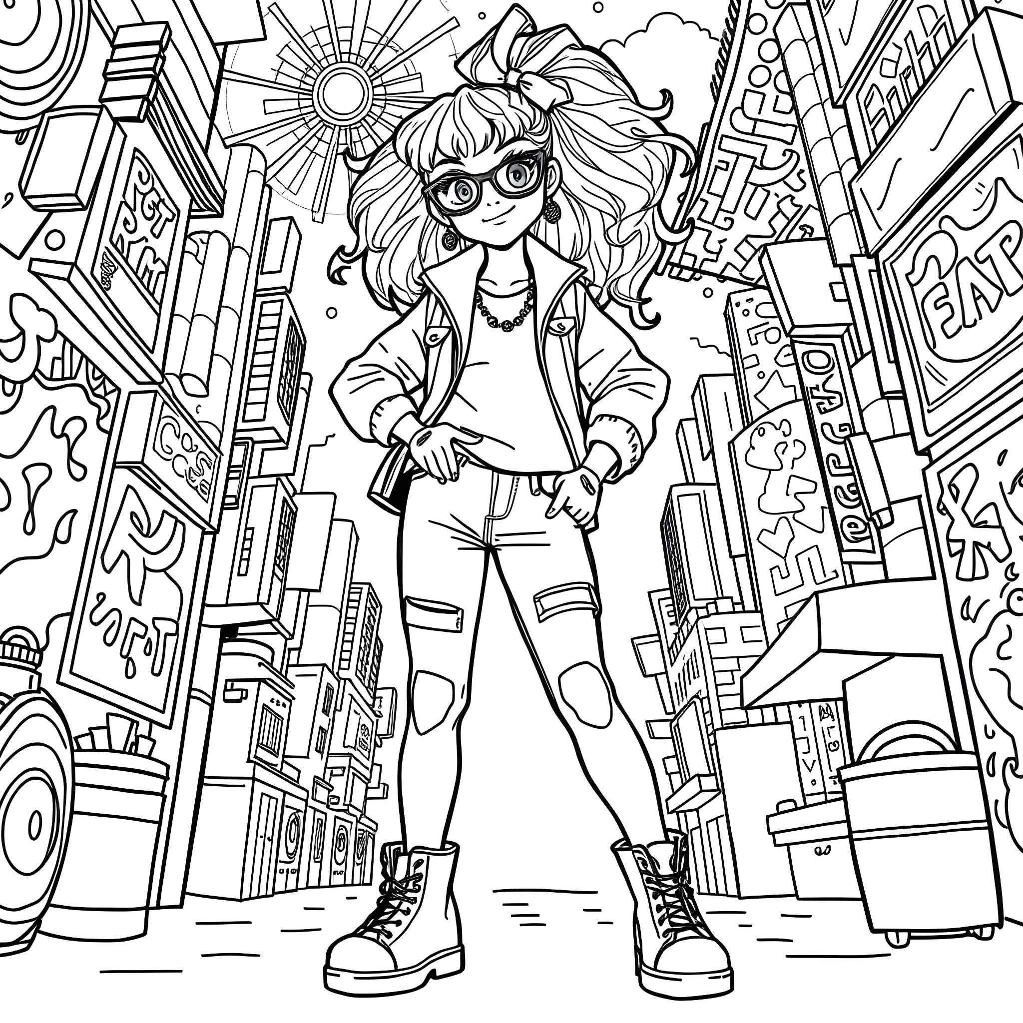 Girl exploring the vibrant city with confidence Coloring Page (free black-and-white line drawing printable PDF for all, from beginners to advanced learners, including children, teens, adults, and seniors)