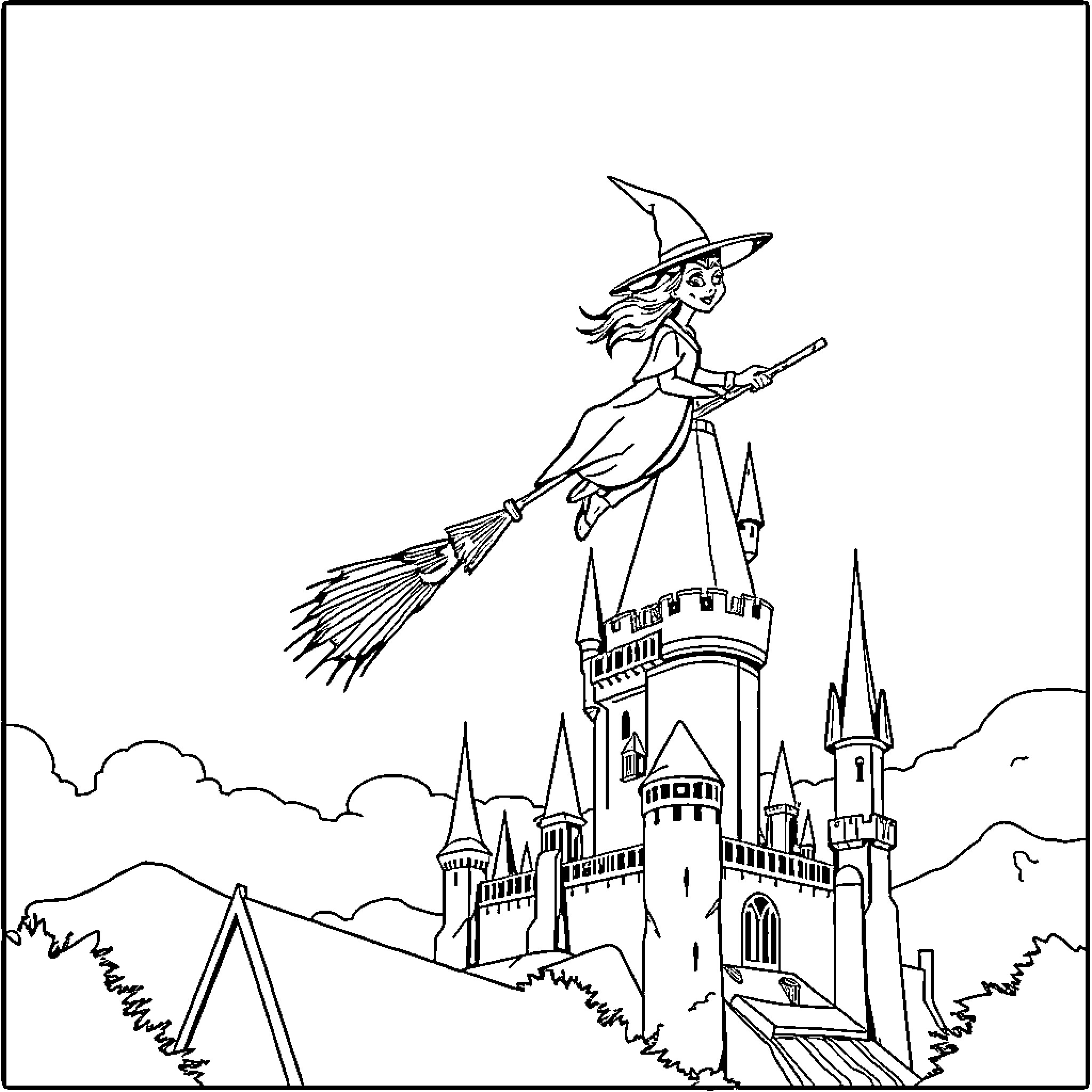 Elfeba flying on a broomstick over a magical castle Coloring Page (free black-and-white line drawing printable PDF for all, from beginners to advanced learners, including children, teens, adults, and seniors)
