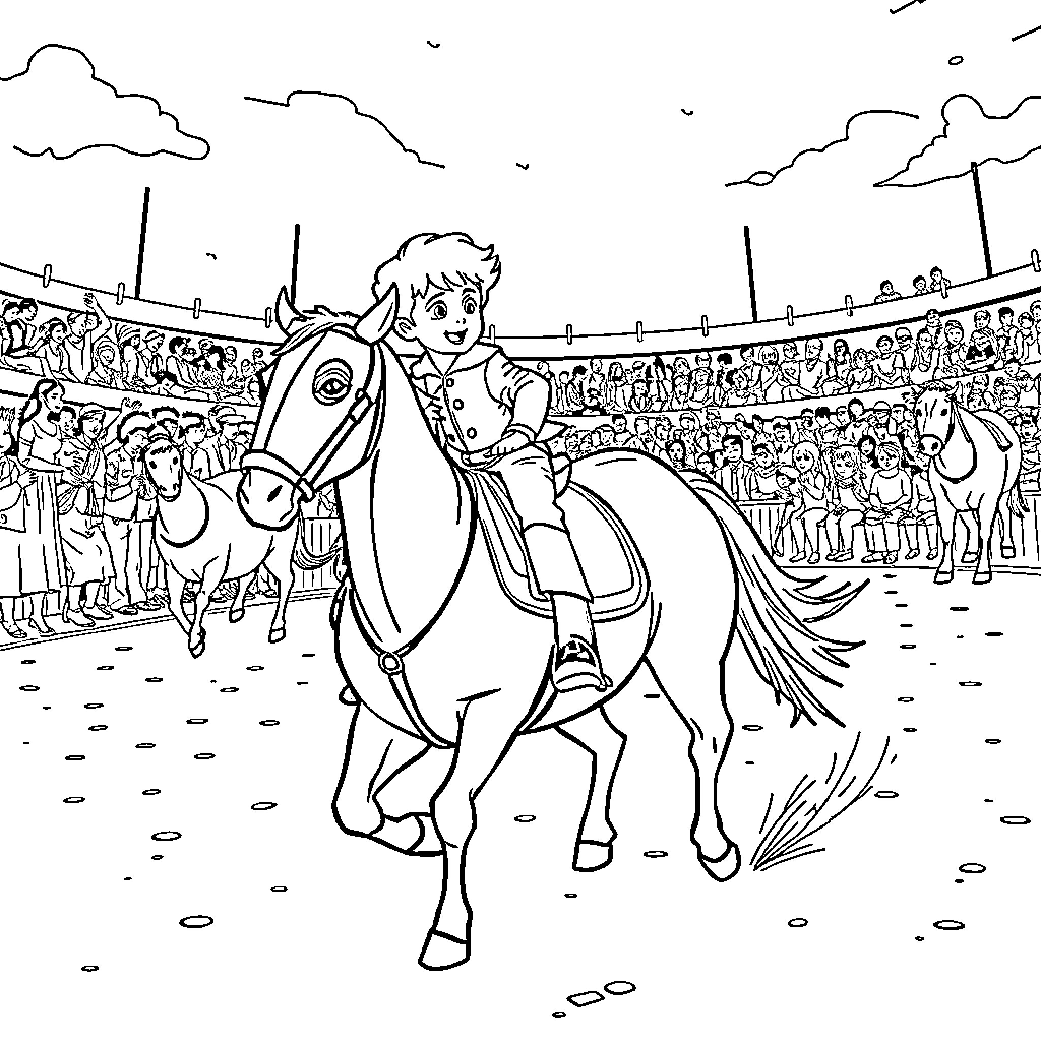 Niño rides horse at lively equestrian event Coloring Page (free black-and-white line drawing printable PDF for all, from beginners to advanced learners, including children, teens, adults, and seniors)