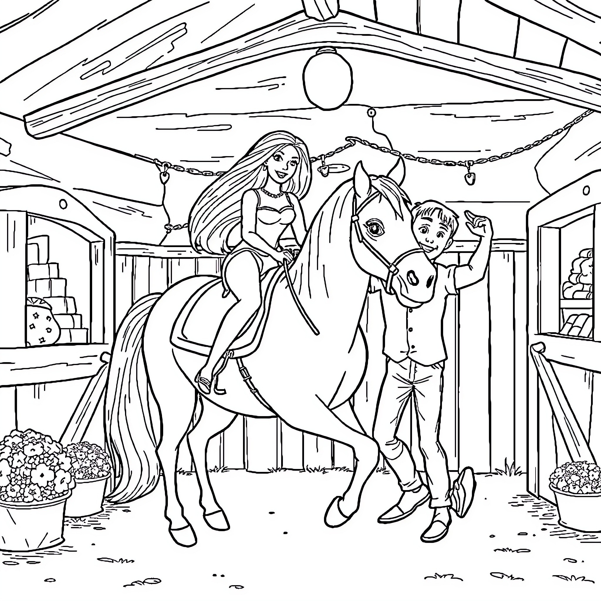 Barbie riding a horse with a young companion Coloring Page (free black-and-white line drawing printable PDF for all, from beginners to advanced learners, including children, teens, adults, and seniors)