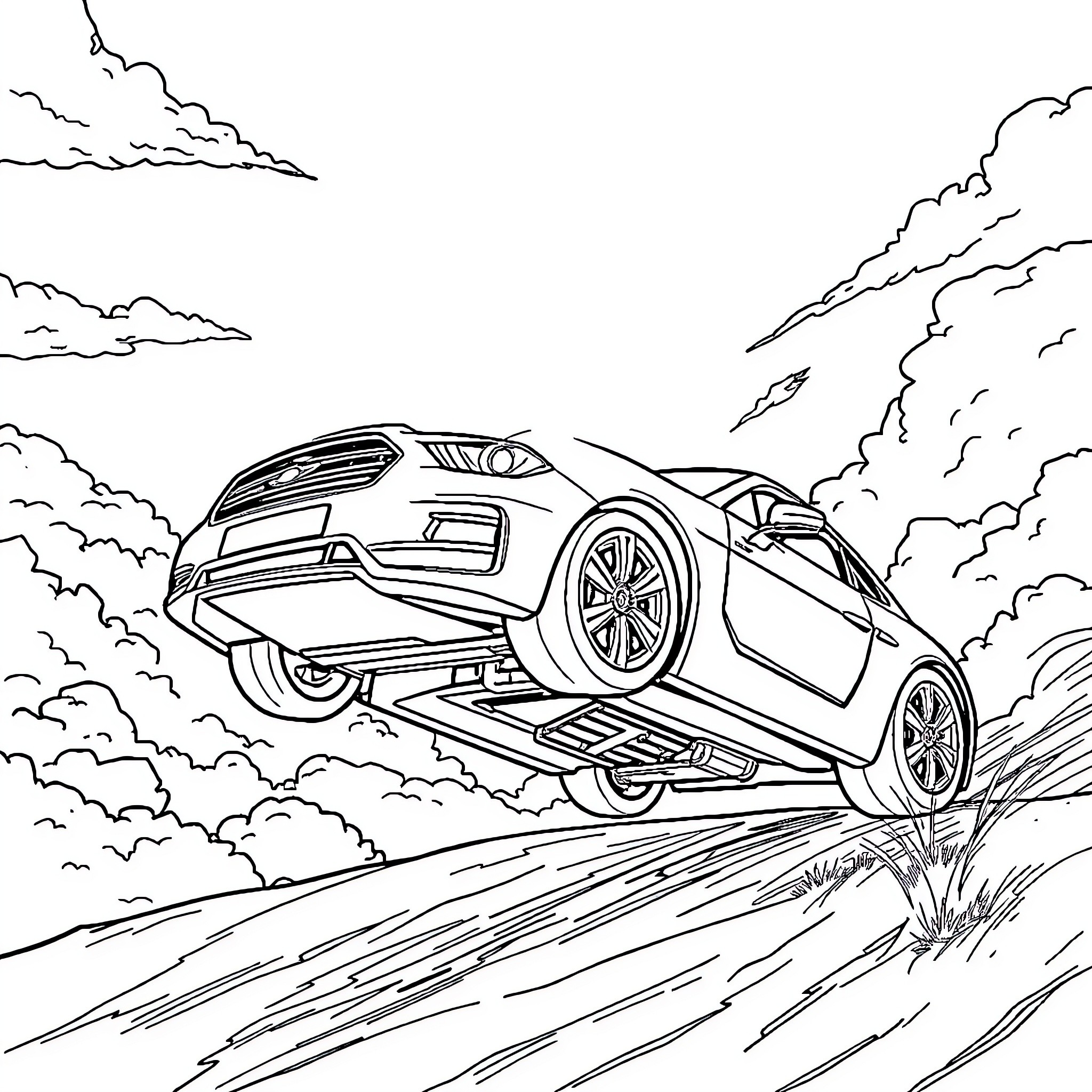 Car speeding through clouds on winding road Coloring Page (free black-and-white line drawing printable PDF for all, from beginners to advanced learners, including children, teens, adults, and seniors)