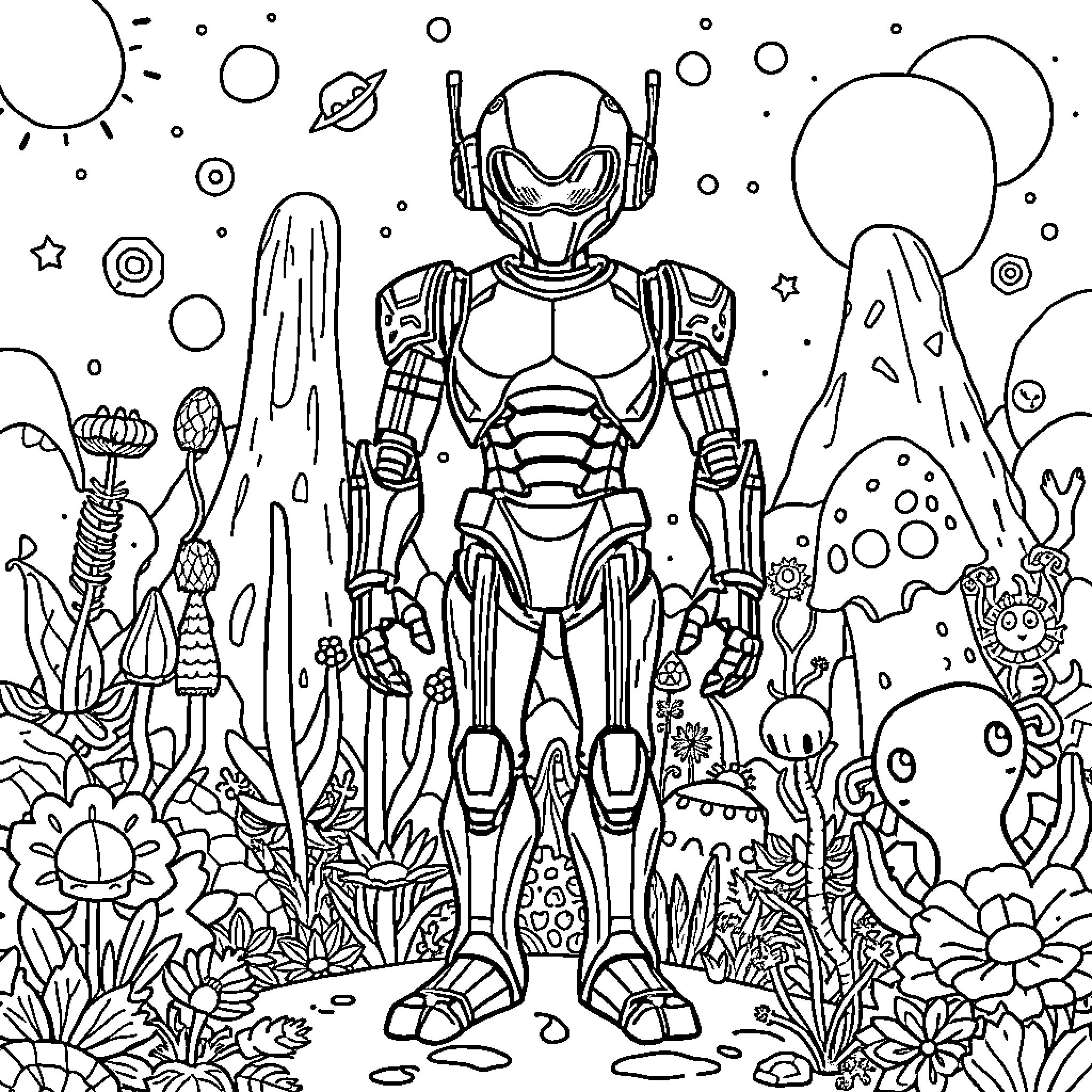 Robot Exploring Alien Landscape Coloring Page (free black-and-white line drawing printable PDF for all, from beginners to advanced learners, including children, teens, adults, and seniors)