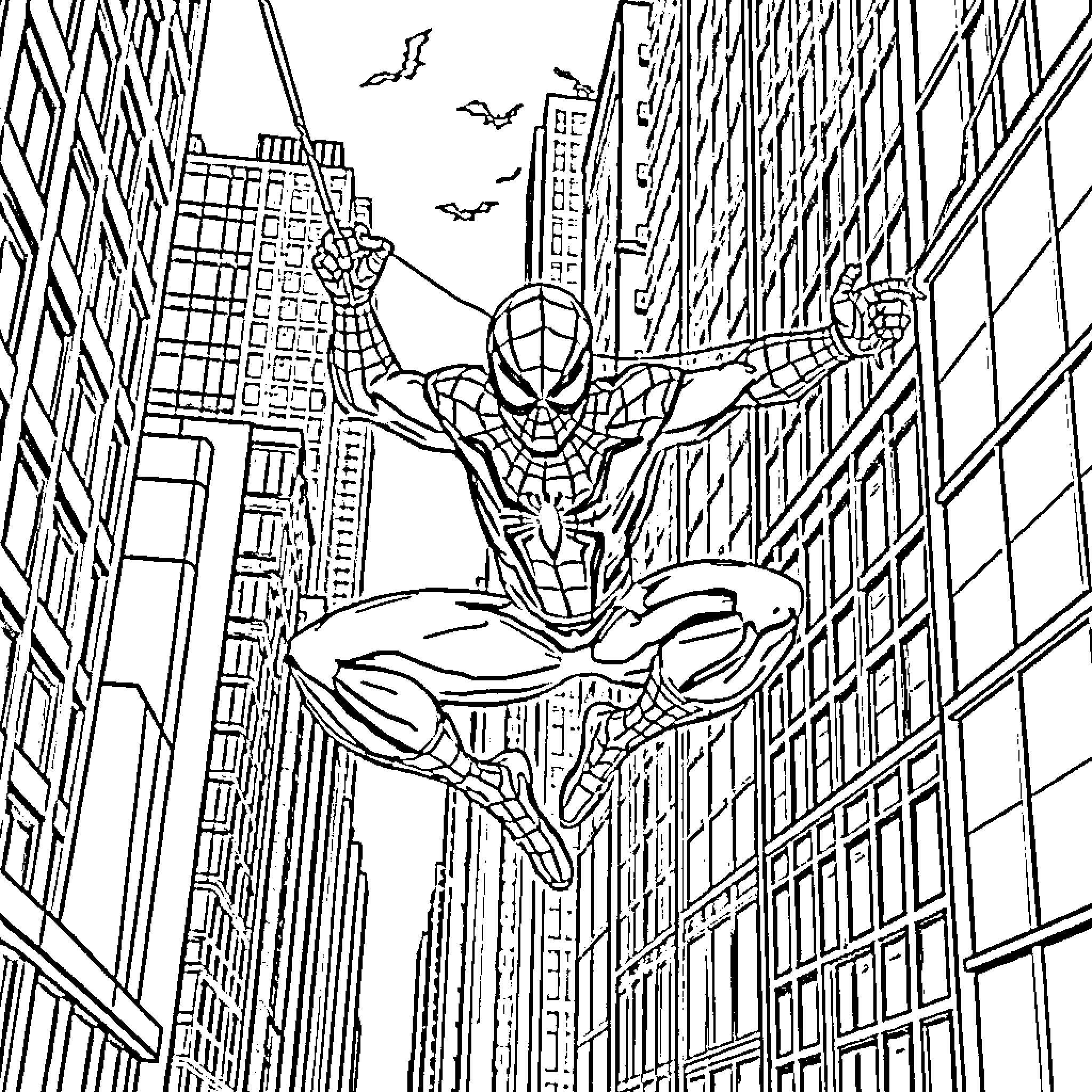 Spiderman swinging through the city skyline Coloring Page (free black-and-white line drawing printable PDF for all, from beginners to advanced learners, including children, teens, adults, and seniors)
