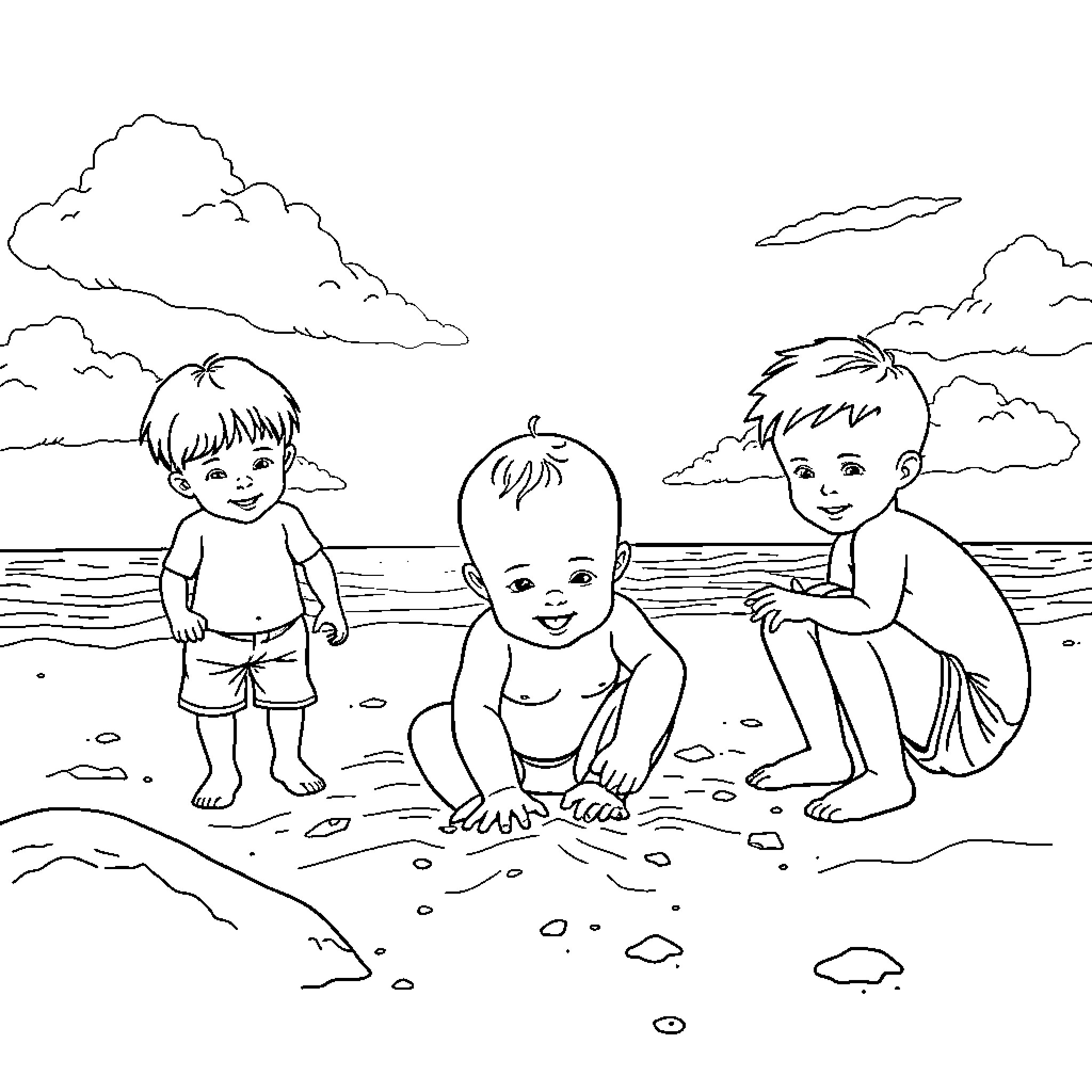 Baby playing happily at the beach with friends Coloring Page (free black-and-white line drawing printable PDF for all, from beginners to advanced learners, including children, teens, adults, and seniors)