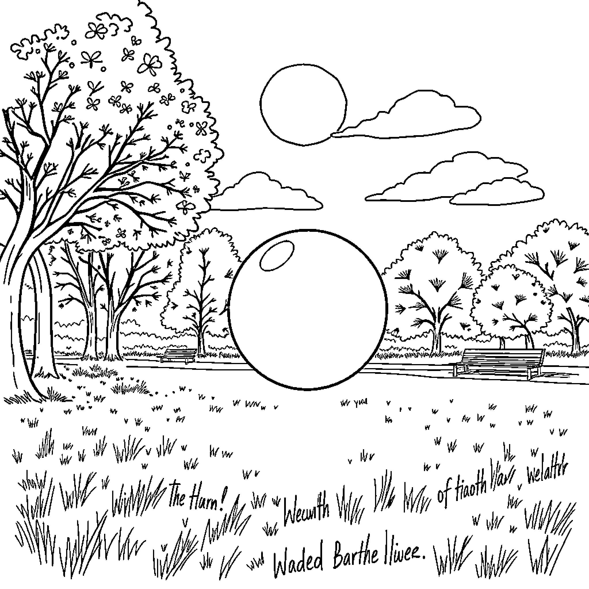 Ball-shaped objects in scenic landscape Coloring Page (free black-and-white line drawing printable PDF for all, from beginners to advanced learners, including children, teens, adults, and seniors)