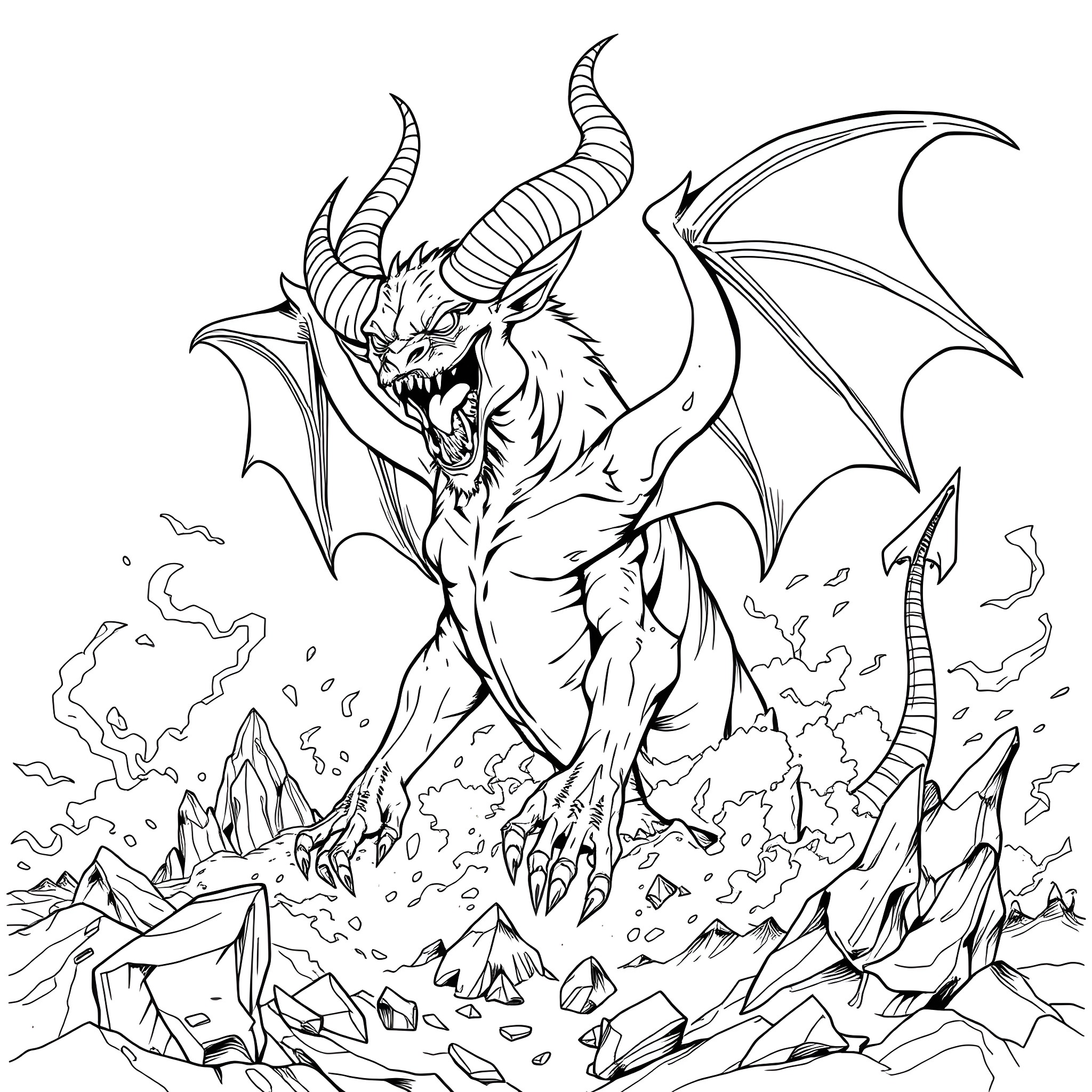 Diablos, the fearsome dragon unleashing its fury Coloring Page (free black-and-white line drawing printable PDF for all, from beginners to advanced learners, including children, teens, adults, and seniors)