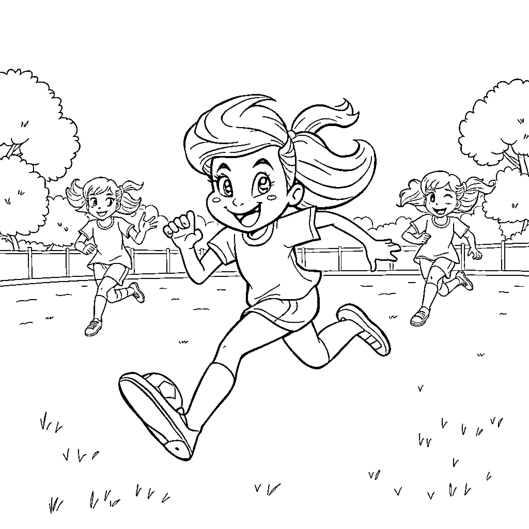 Bluey and friends running happily in the park Coloring Page (free black-and-white line drawing printable PDF for all, from beginners to advanced learners, including children, teens, adults, and seniors)