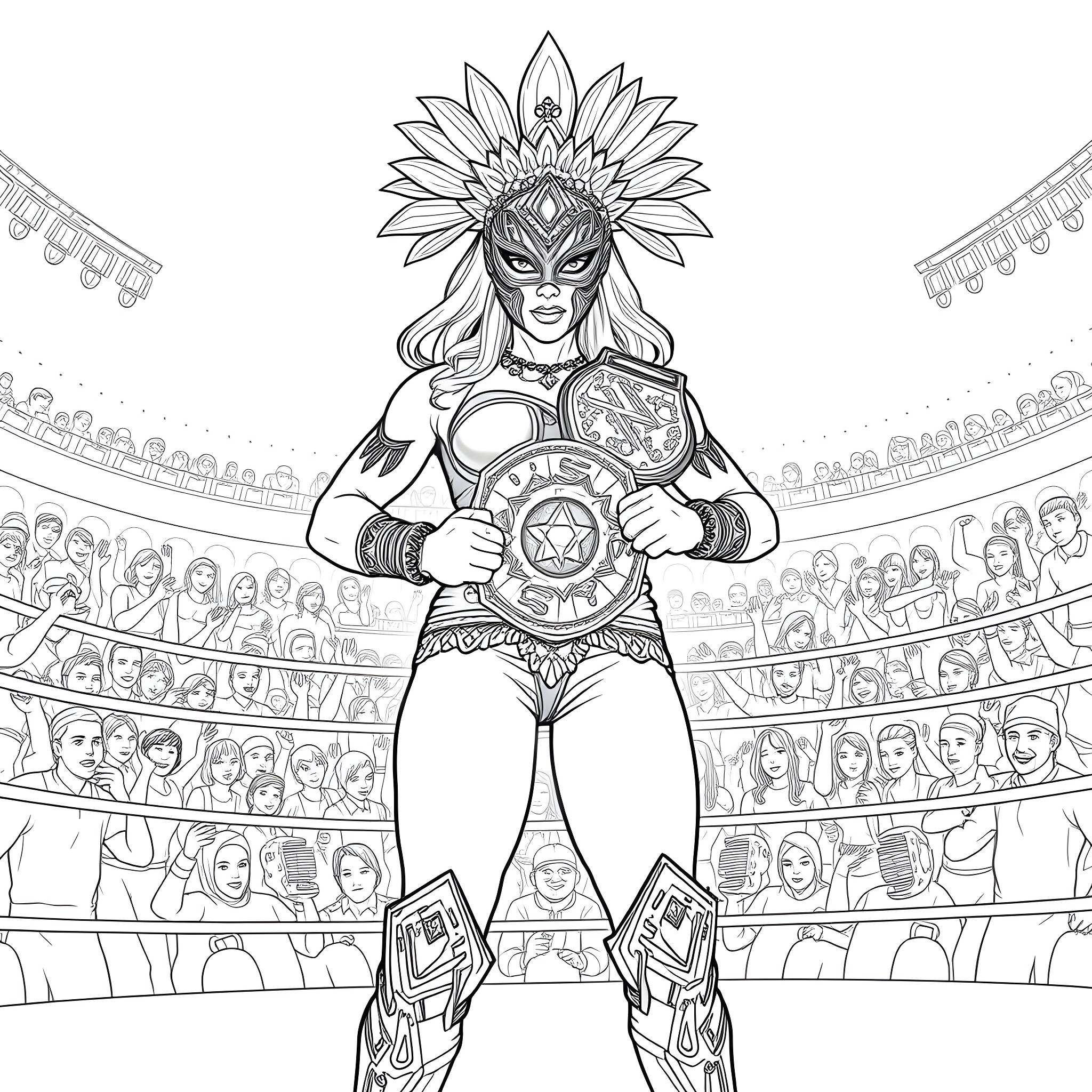 Luchadora: Fierce Warrior in the Ring Coloring Page (free black-and-white line drawing printable PDF for all, from beginners to advanced learners, including children, teens, adults, and seniors)
