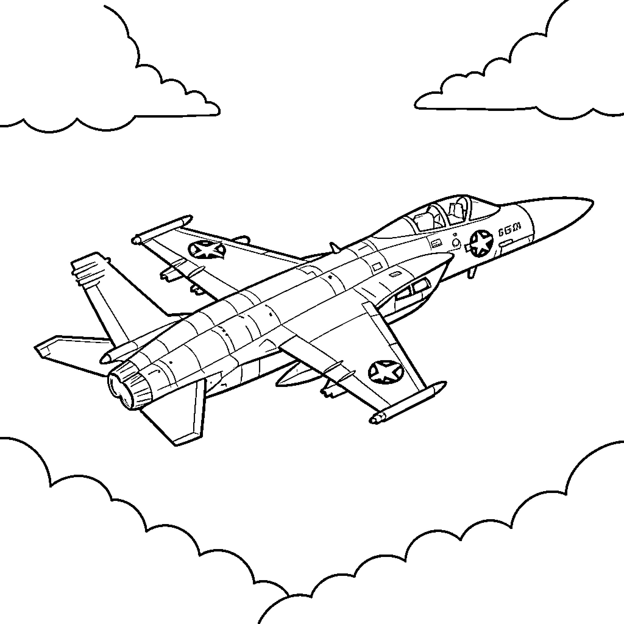 Fighter Jet soaring through a cloudy sky Coloring Page (free black-and-white line drawing printable PDF for all, from beginners to advanced learners, including children, teens, adults, and seniors)