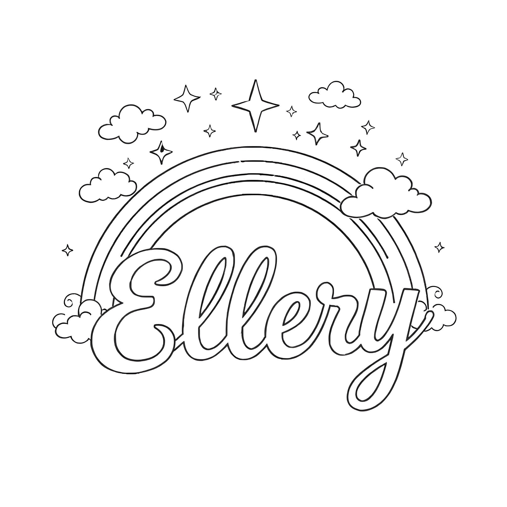 Ellery's magical rainbow and stars Coloring Page (free black-and-white line drawing printable PDF for all, from beginners to advanced learners, including children, teens, adults, and seniors)