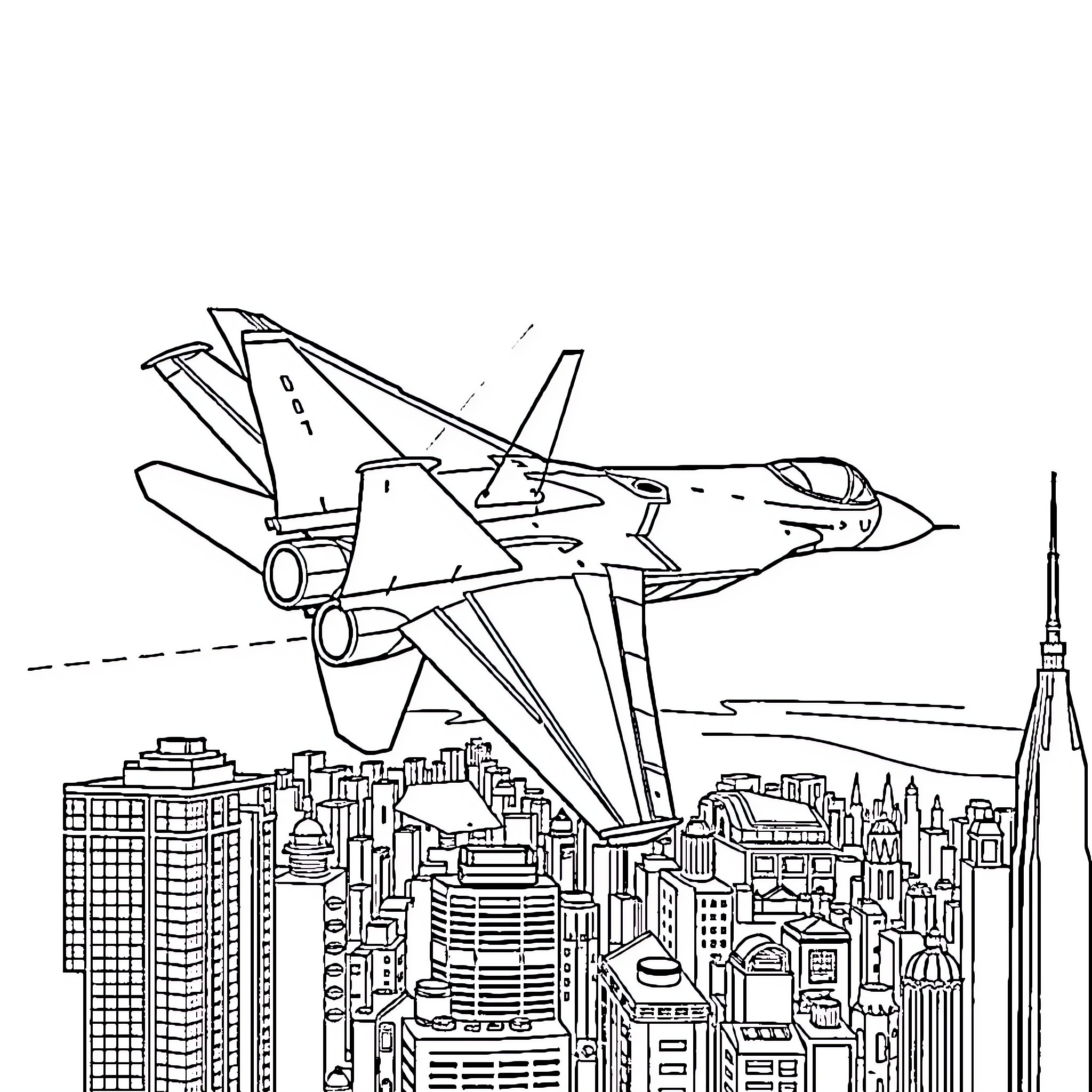 Su-33 Fighter Jet Soaring Over Cityscape Coloring Page (free black-and-white line drawing printable PDF for all, from beginners to advanced learners, including children, teens, adults, and seniors)
