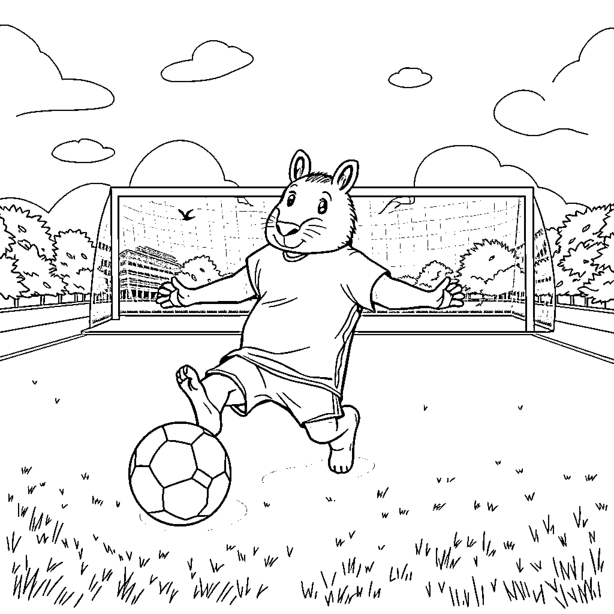 Capybara playing soccer in the park Coloring Page (free black-and-white line drawing printable PDF for all, from beginners to advanced learners, including children, teens, adults, and seniors)