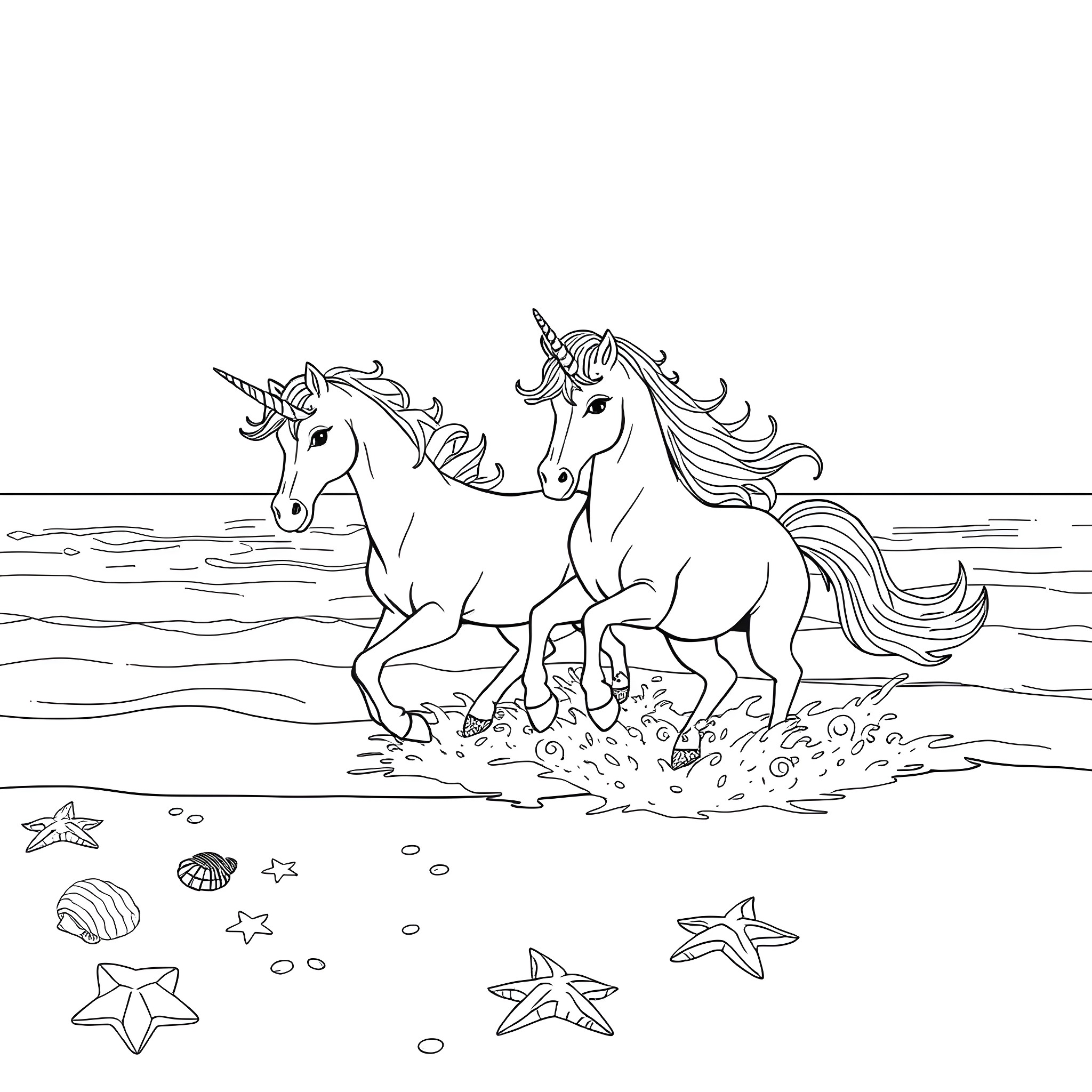 Unicorn Duo Galloping Through Coastal Waters Coloring Page (free black-and-white line drawing printable PDF for all, from beginners to advanced learners, including children, teens, adults, and seniors)