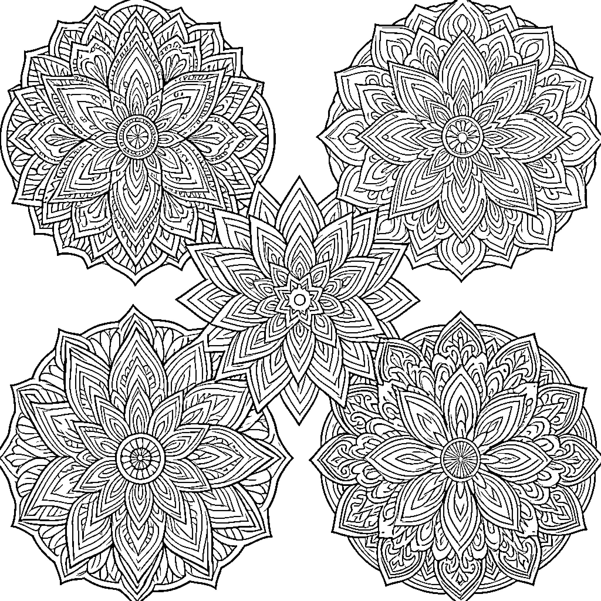 Mandalas with intricate floral designs Coloring Page (free black-and-white line drawing printable PDF for all, from beginners to advanced learners, including children, teens, adults, and seniors)